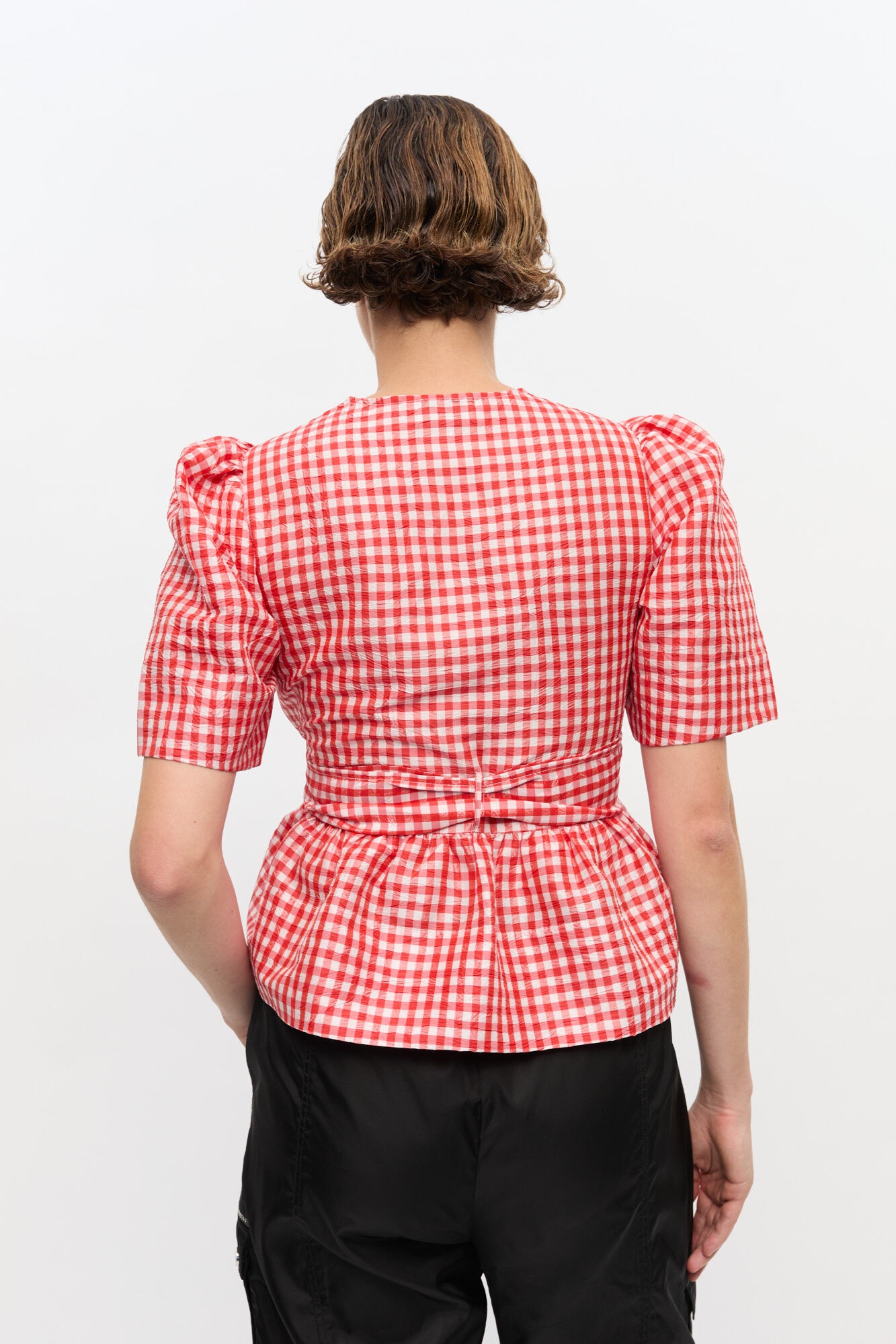 RED CRINKLED CHECK TAFFETA BLOUSE - 4