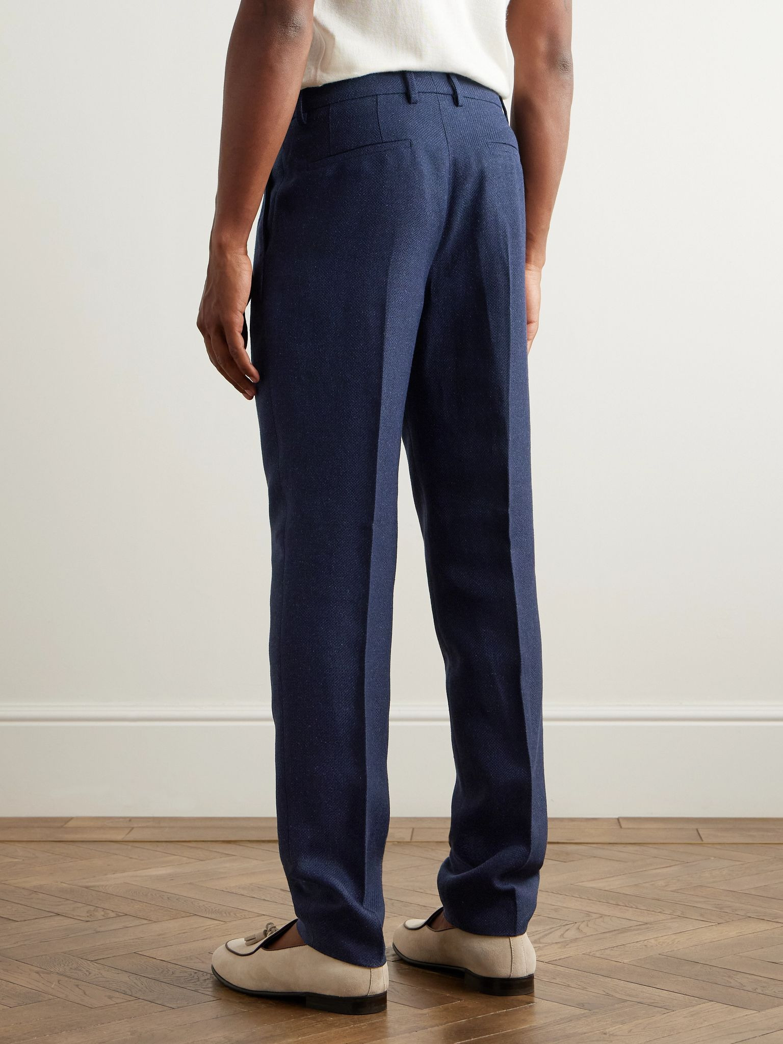 Tapered Pleated Striped Linen, Silk, Wool and Cotton-Blend Suit Trousers Navy - 4