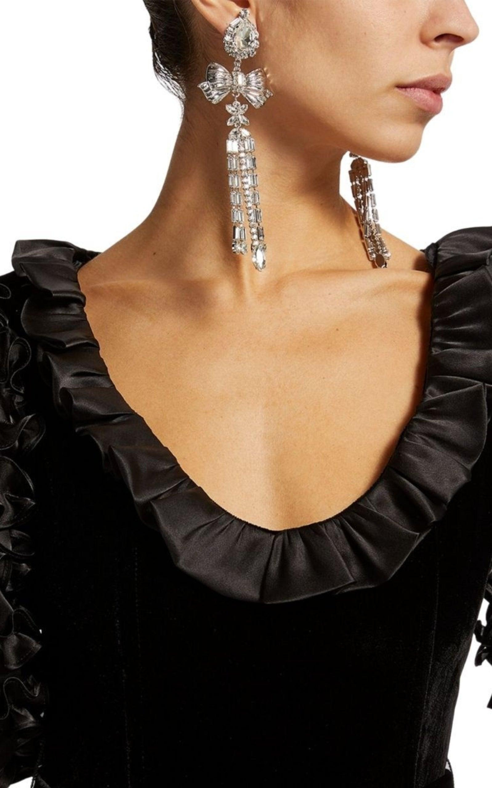 Crystal Bow Drop Clip-On Earrings - 2