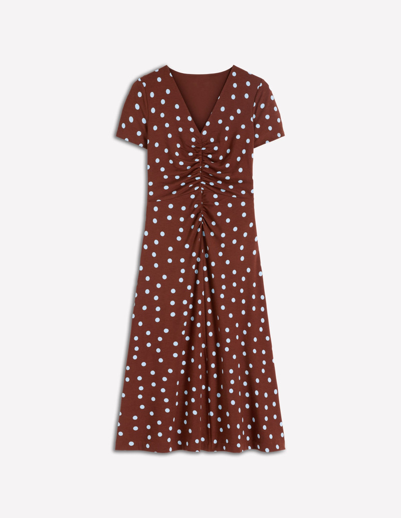 Una Ruched Front Ponte Dress-Raw Umber, Painted Dot 1