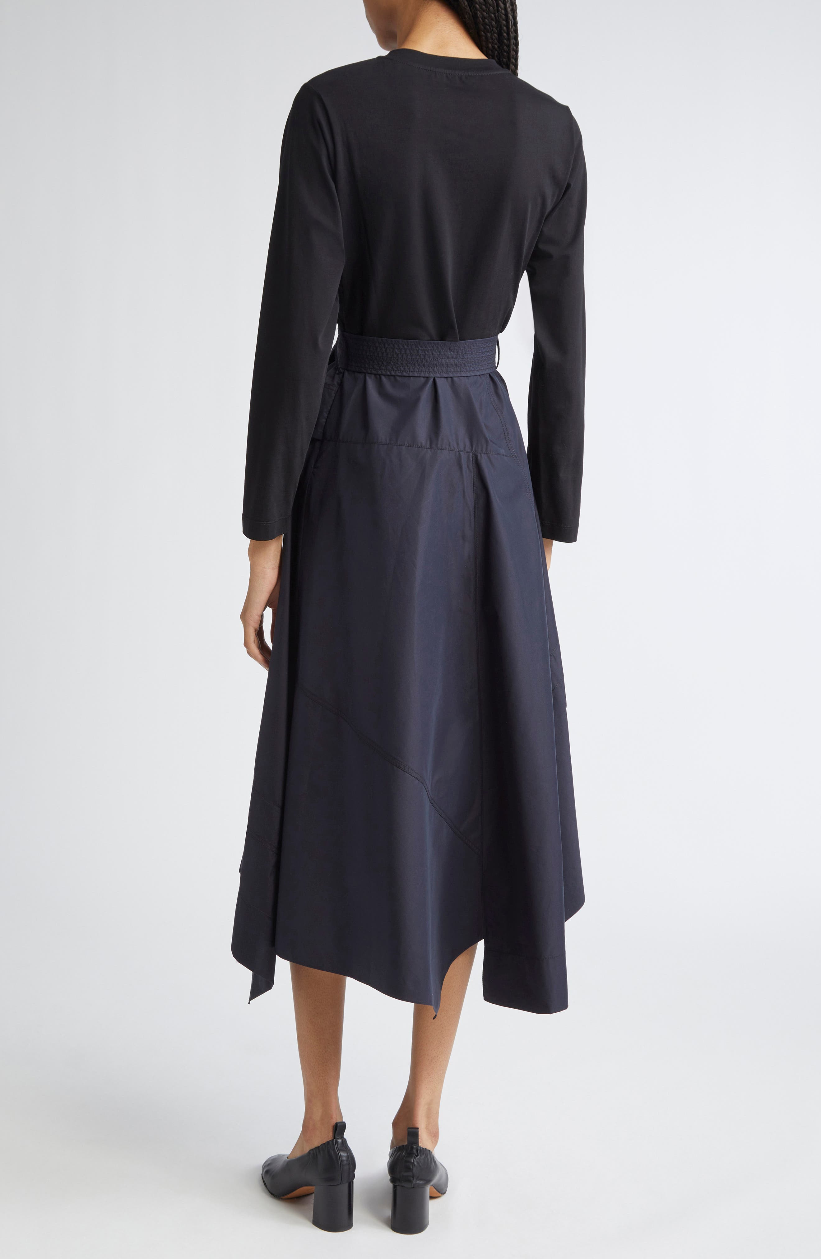 3.1 Phillip Lim Mixed Media Long Sleeve Handkerchief Hem Cotton Blend Dress in Black/Midnight at Nor - 2