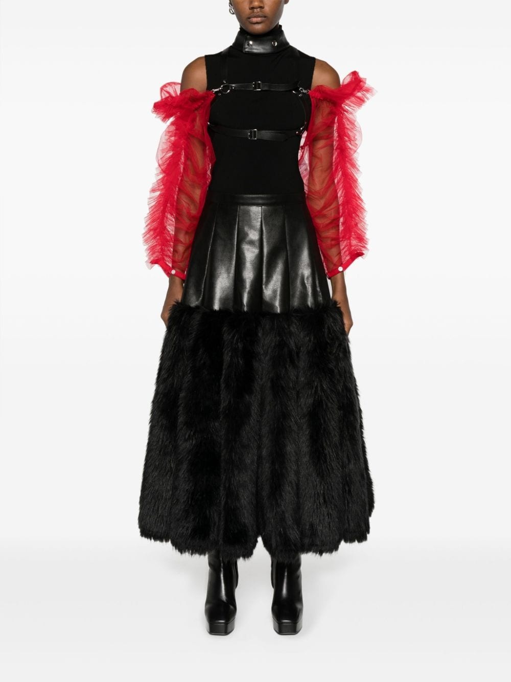 tulle-sleeve leather harness top - 2
