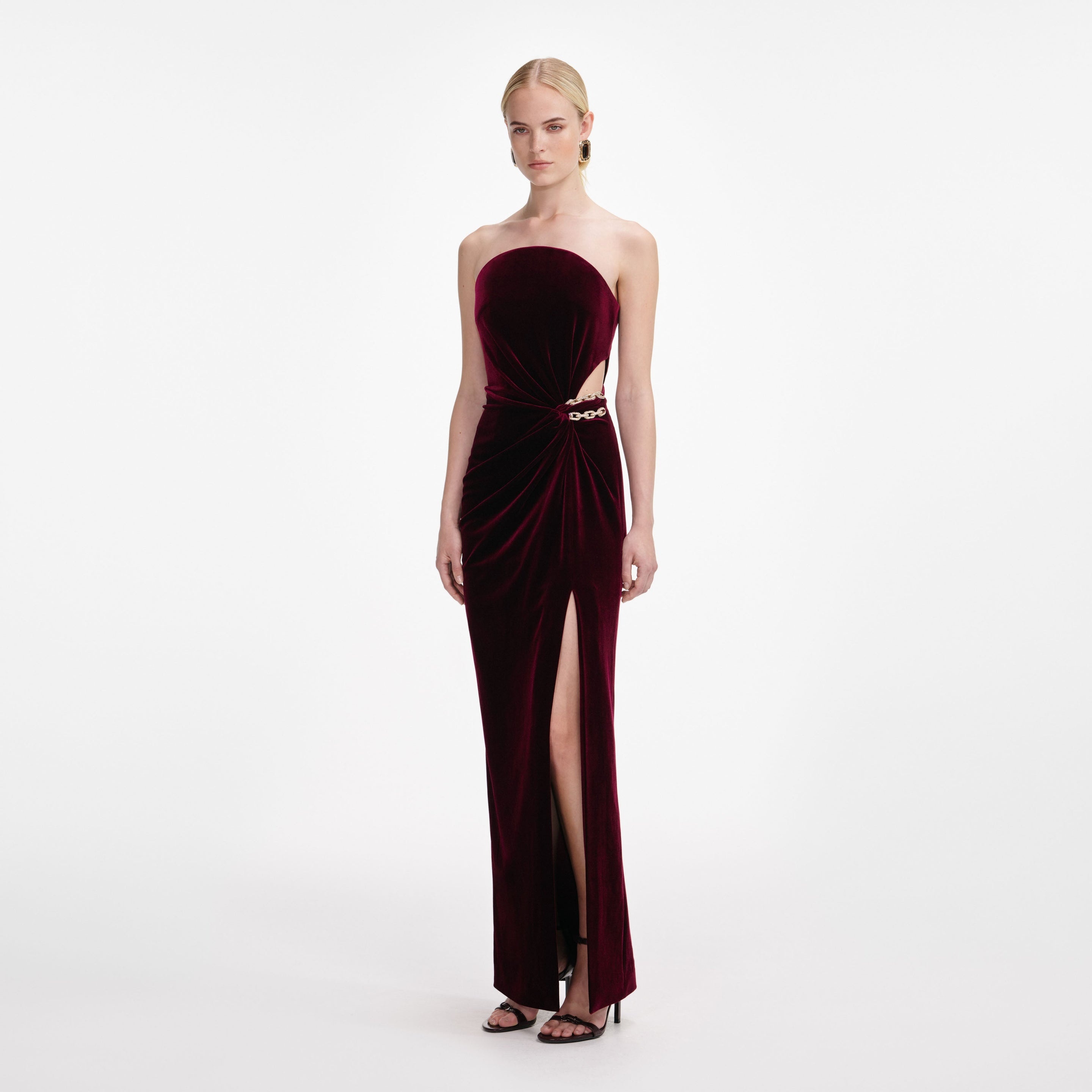 Burgundy Velvet Bandeau Maxi Dress - 2