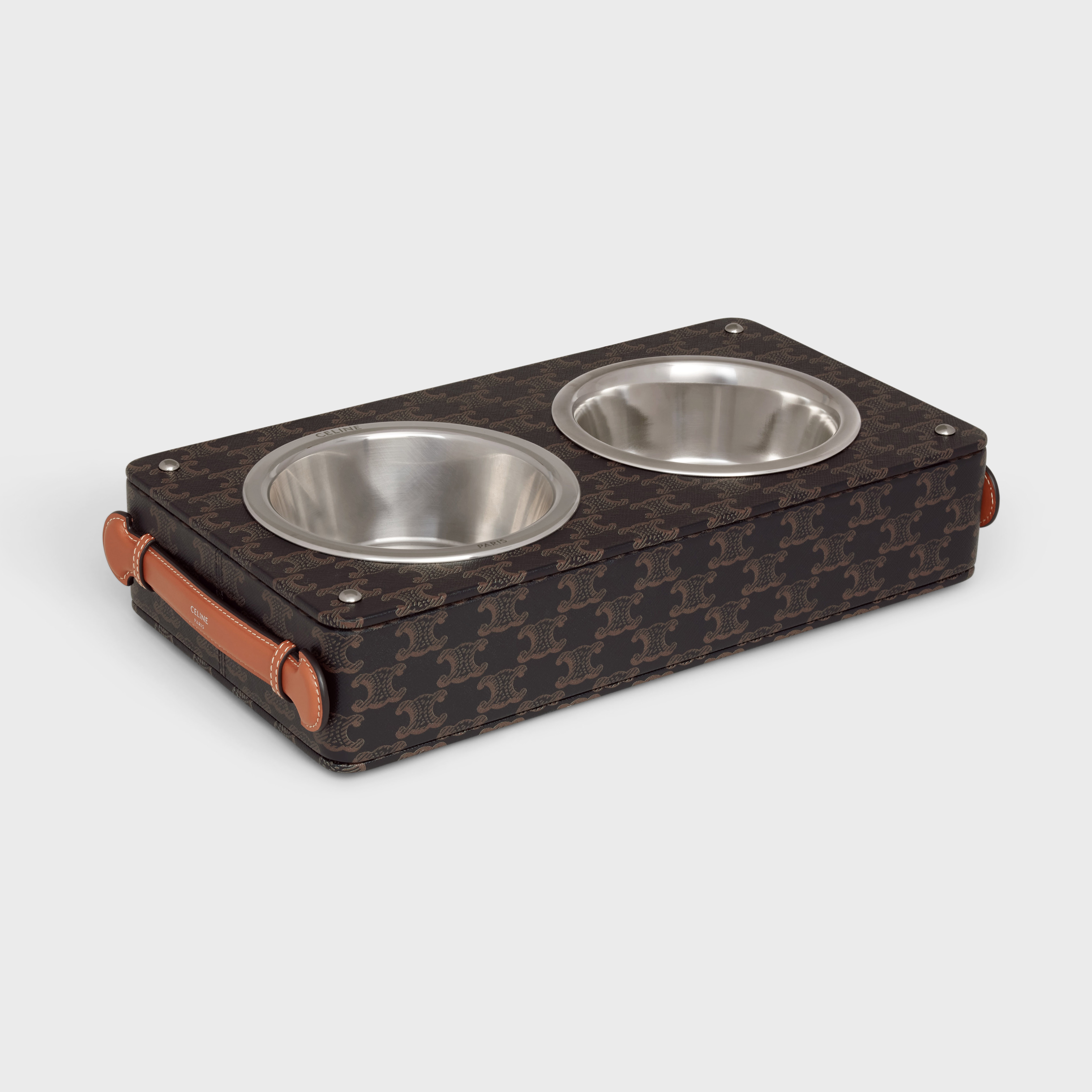 Double Dog Bowl in Nappa Lambskin with Triomphe Canvas Print and Calfskin - 2