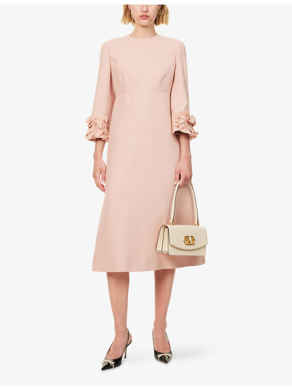 Embellished Thee-Quarter Sleeves Wool And Silk Midi Dress - 2