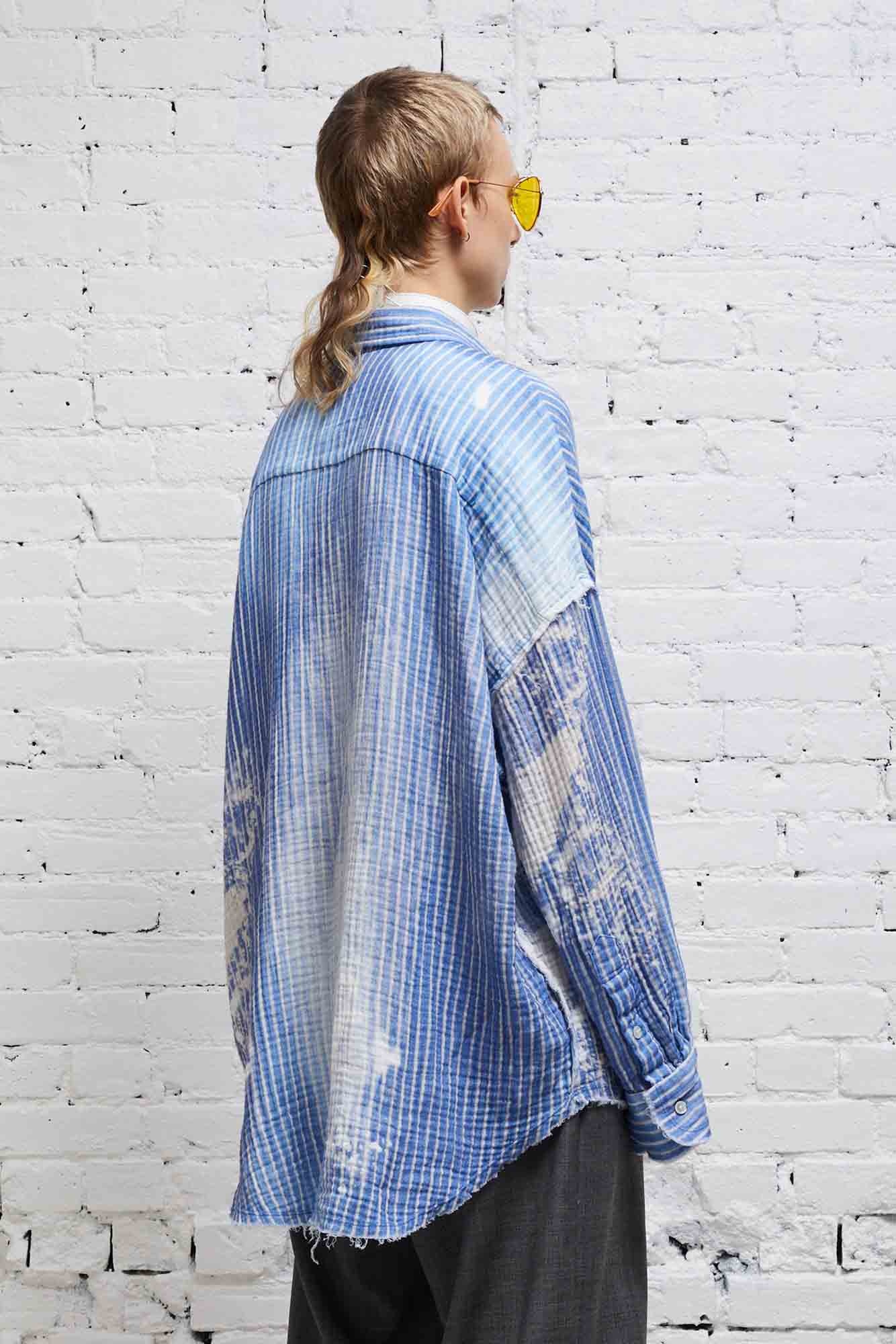 SHREDDED SEAM DROP NECK SHIRT - BLEACH BLUE PINSTRIPE - 5