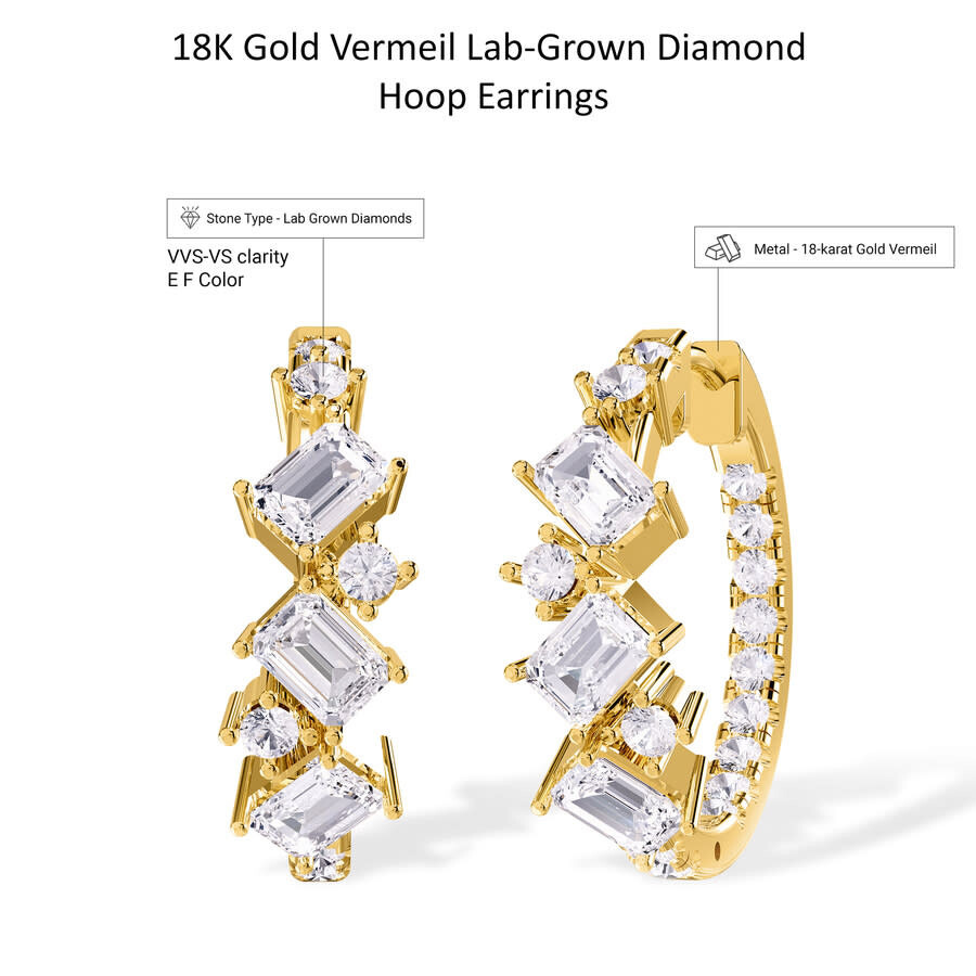 Diamond2Deal - Diamond2Deal 18k Vermeil Plated Silver 2.5 Ct Multi Shape Lab Grown Diamond Hoop Earrings VVS-VS, E- - 3