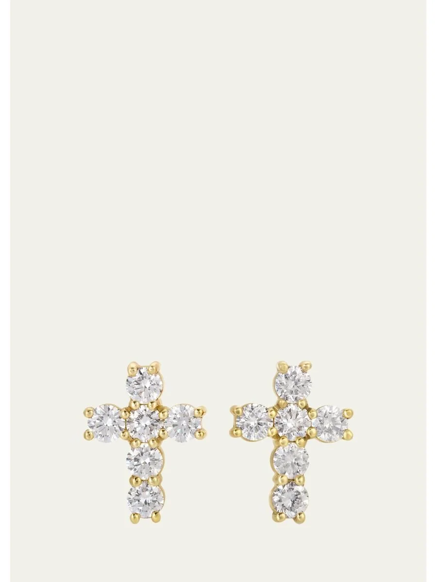 18K Yellow Gold Diamond Cross Stud Earrings - 1