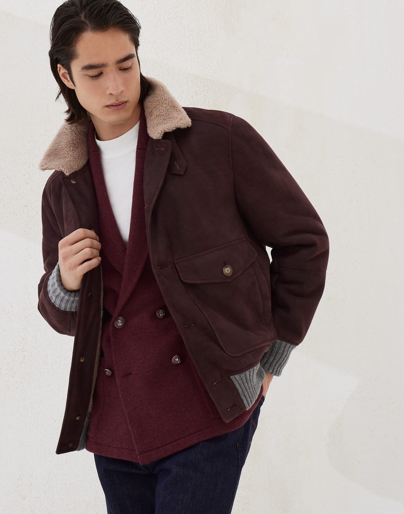 Nubuck-effect shearling aviator jacket with cashmere knit inserts - 4
