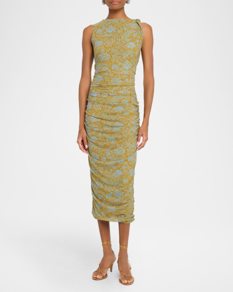 VERONICA BEARD Otessa Floral Ruched Mesh Midi Dress outlook
