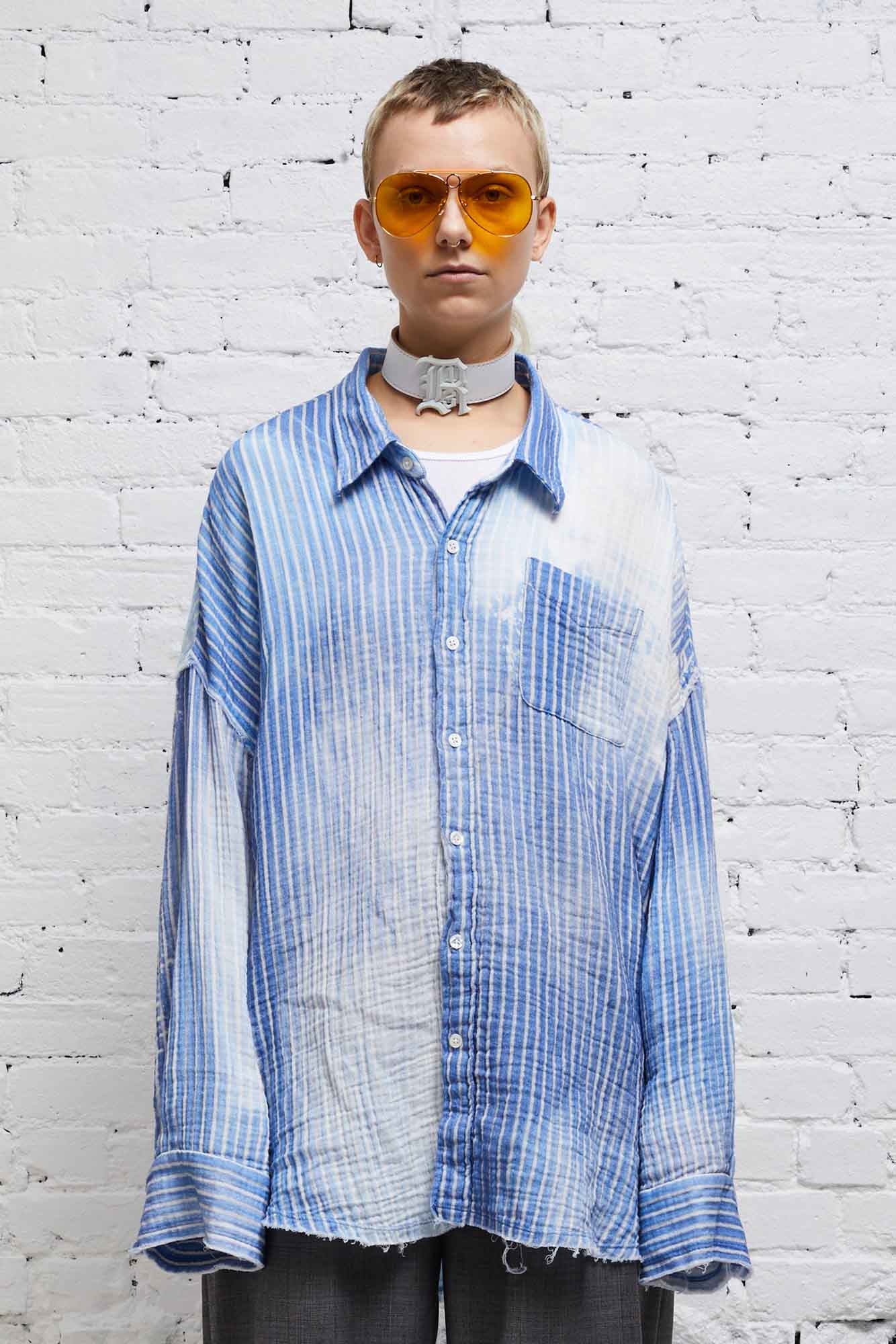 SHREDDED SEAM DROP NECK SHIRT - BLEACH BLUE PINSTRIPE - 3