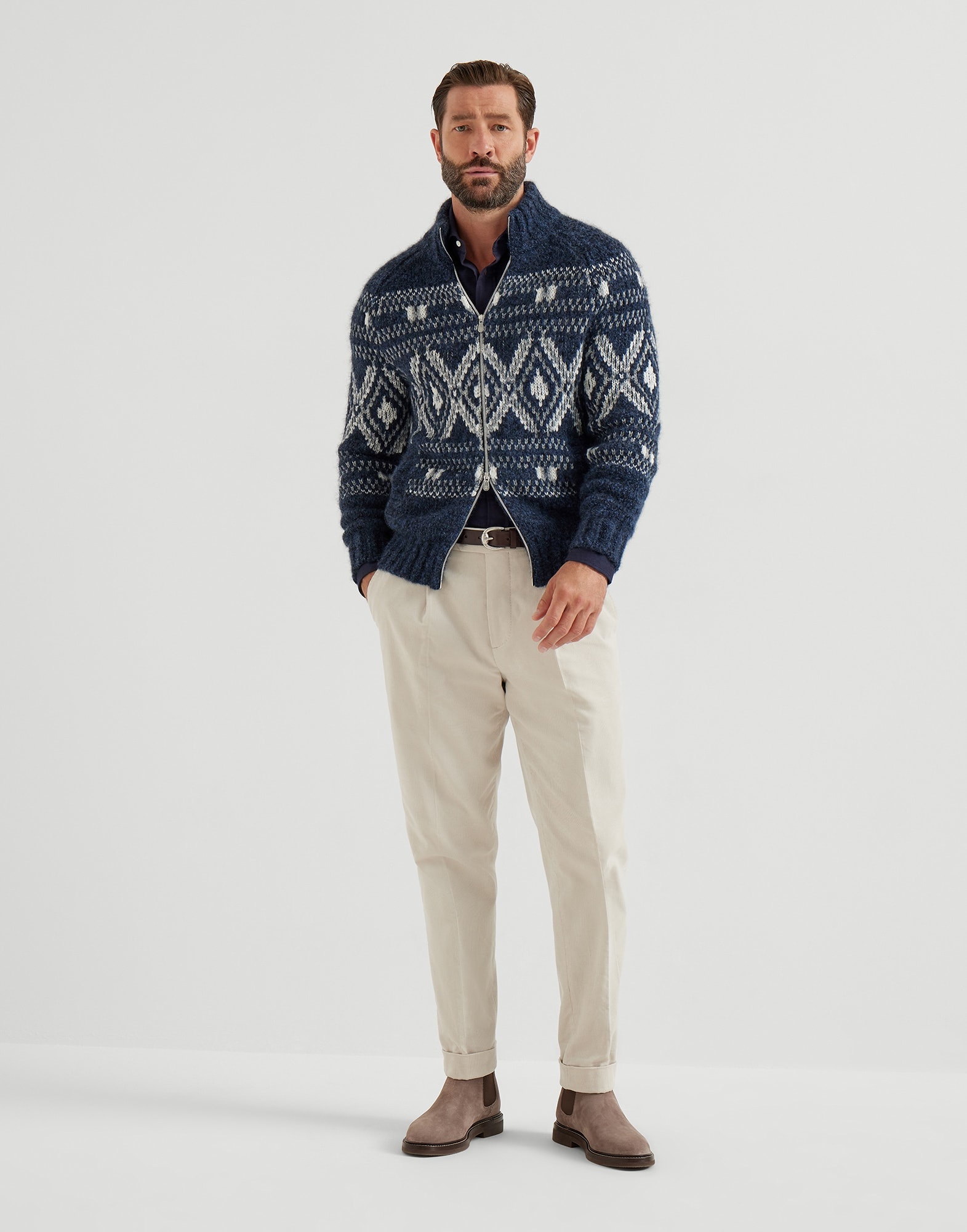 Stretch cotton chevron flannel slim fit shirt with spread collar - 5