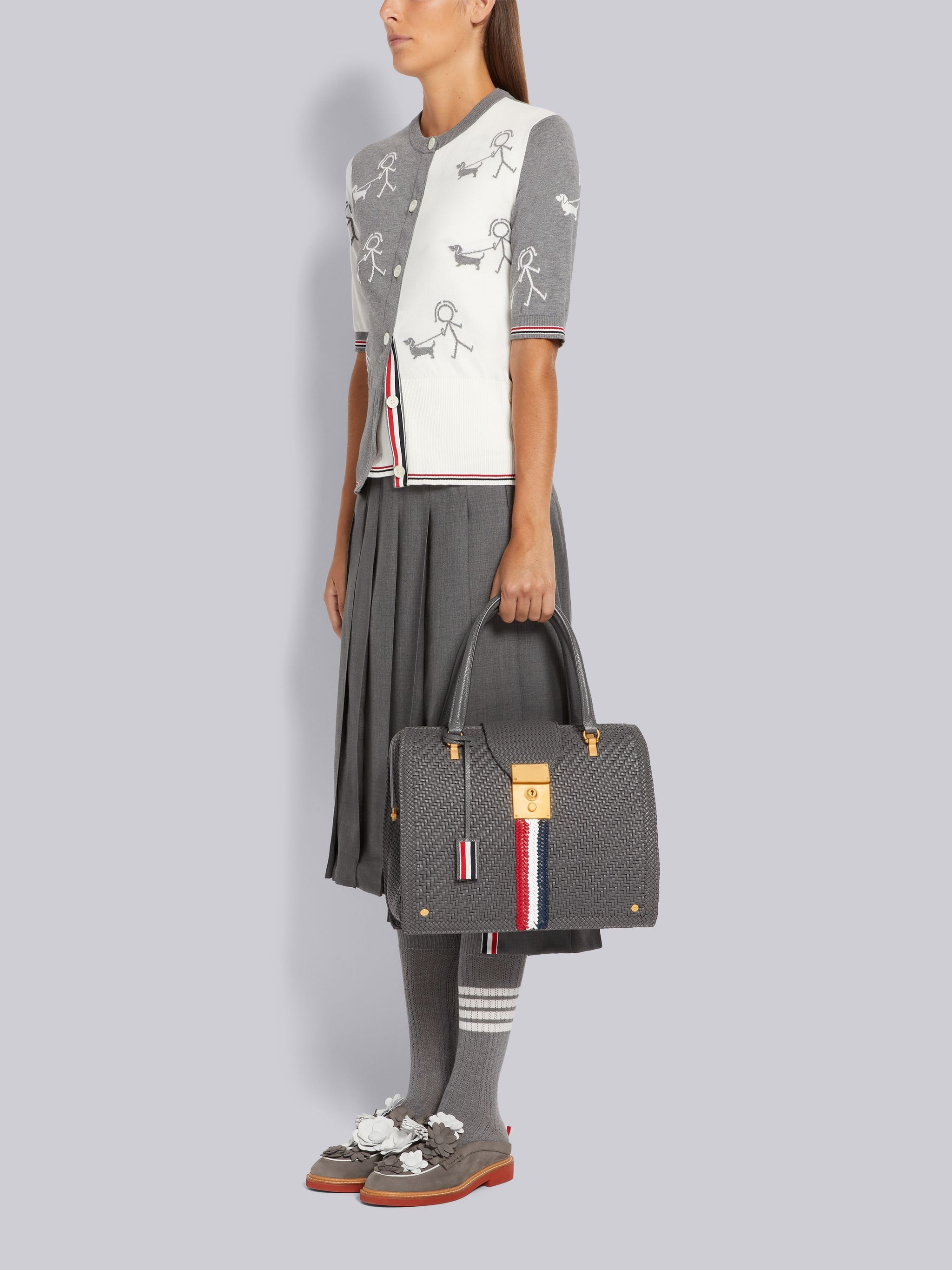 Dark Grey Woven Soft Calf Leather Braided Center Stripe Mrs. Thom Bag - 6