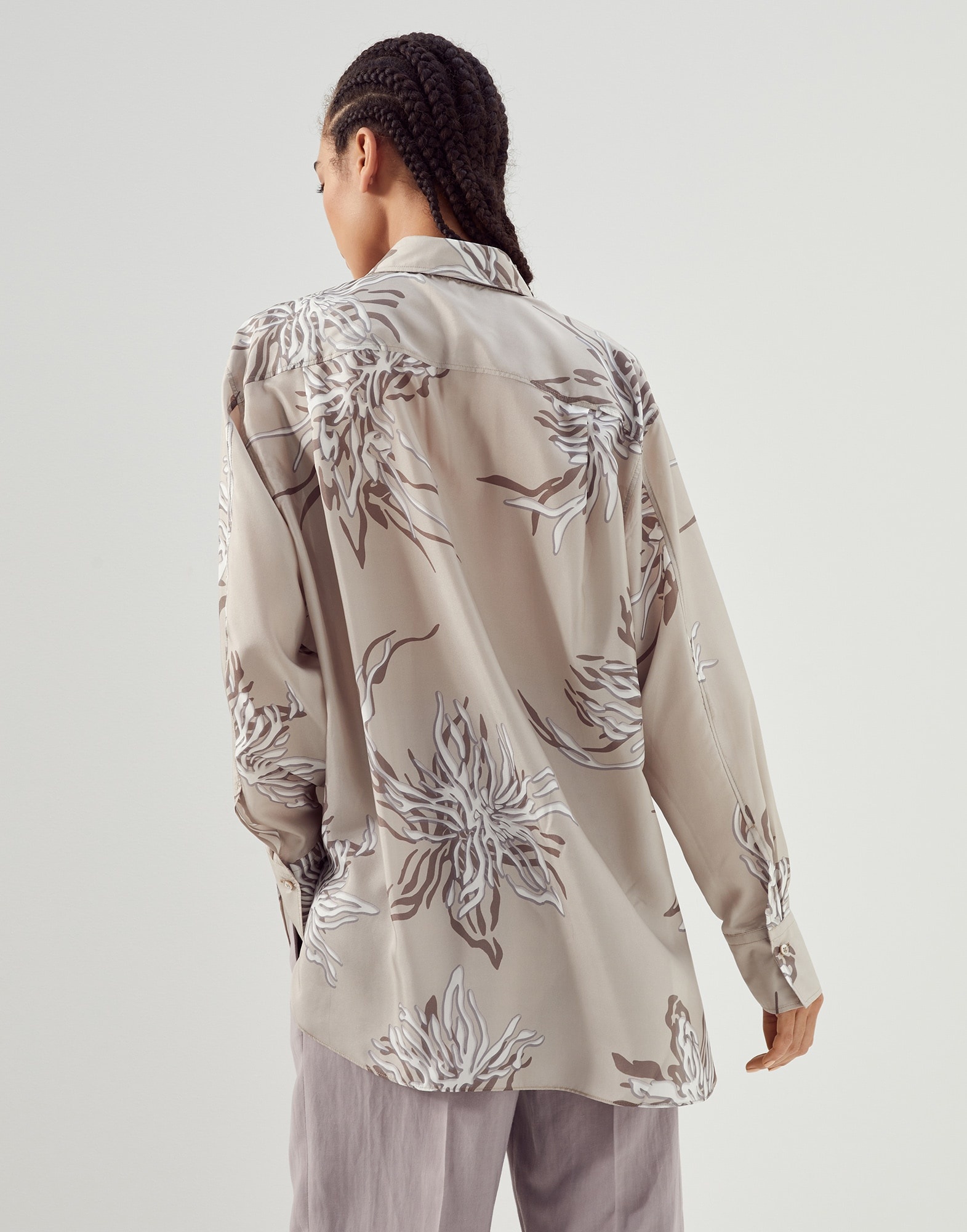 Silk marine flower pongee shirt with monili - 2