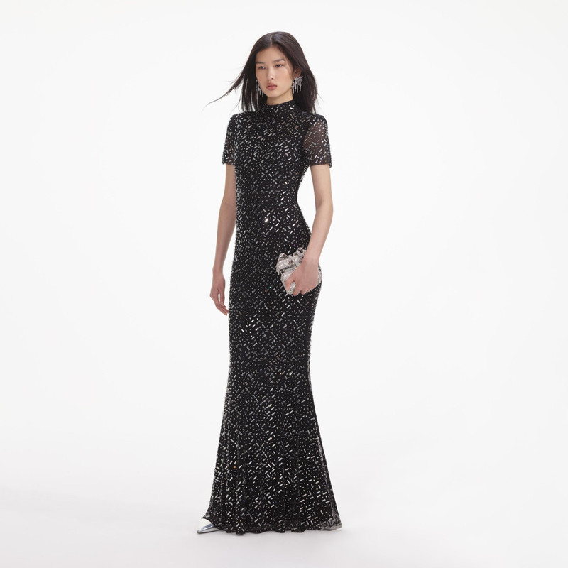 self-portrait Black Square Rhinestone Mesh Maxi Dress - AW24-172X-B |  REVERSIBLE