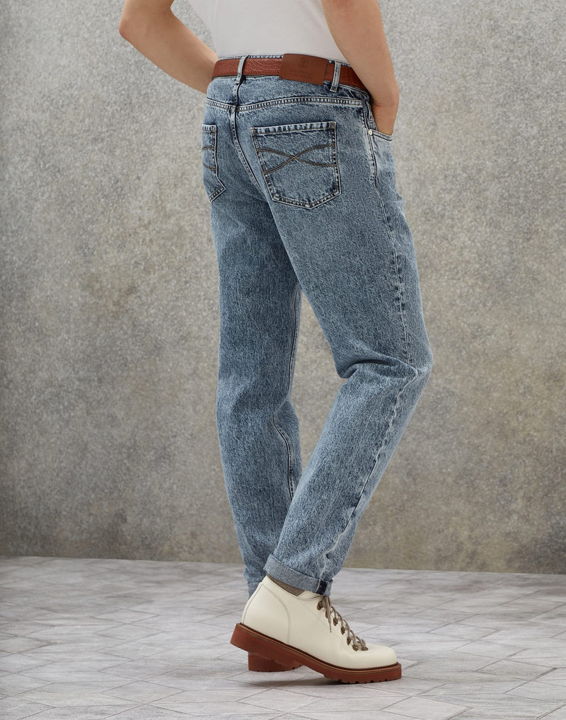 Brunello Cucinelli Aged denim traditional fit five-pocket trousers outlook