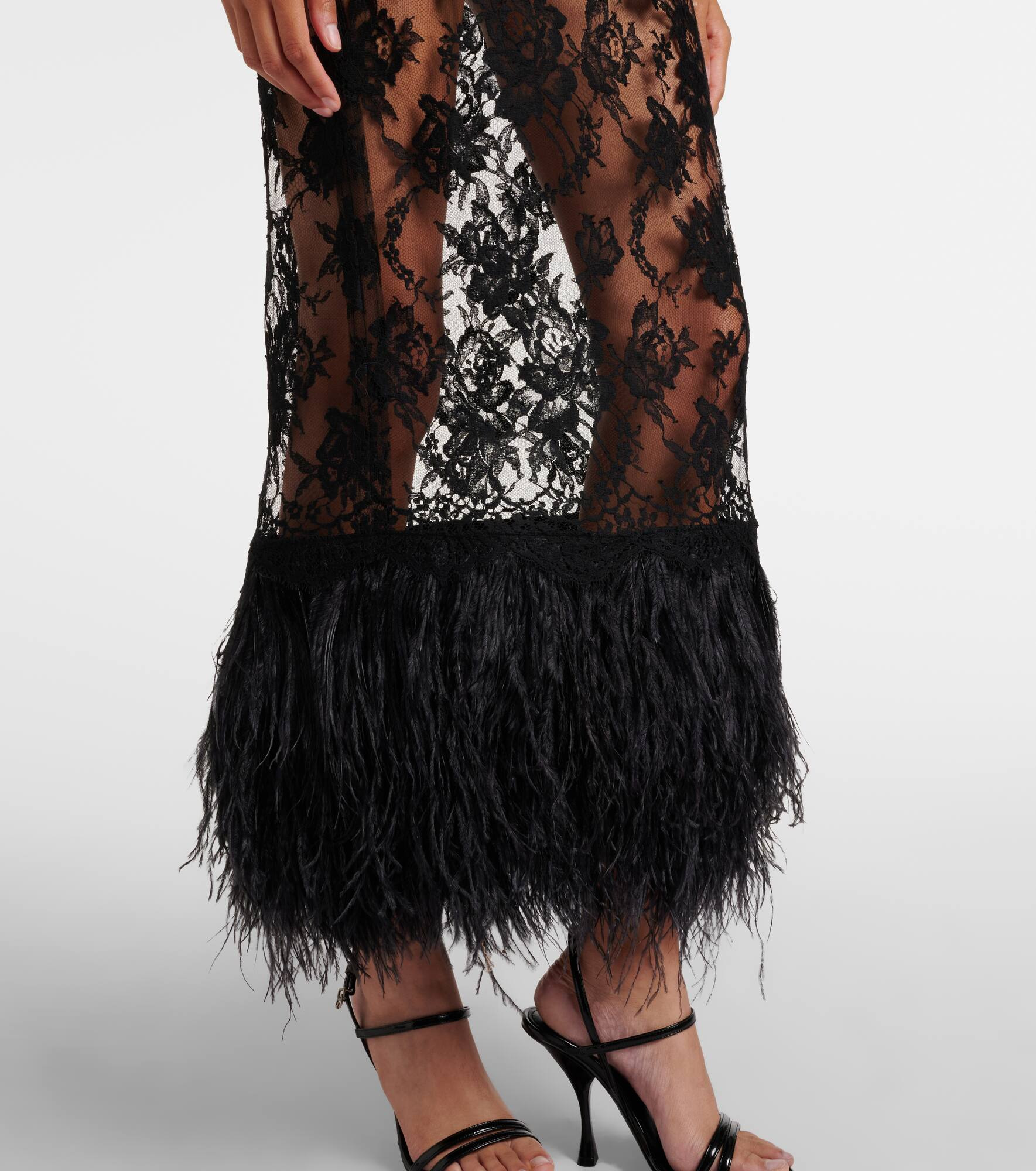 Feather-trimmed floral lace midi dress - 5