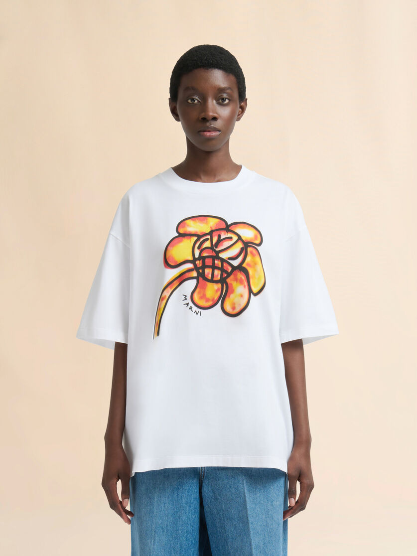 WHITE COTTON T-SHIRT WITH FLOWER PRINT - 2