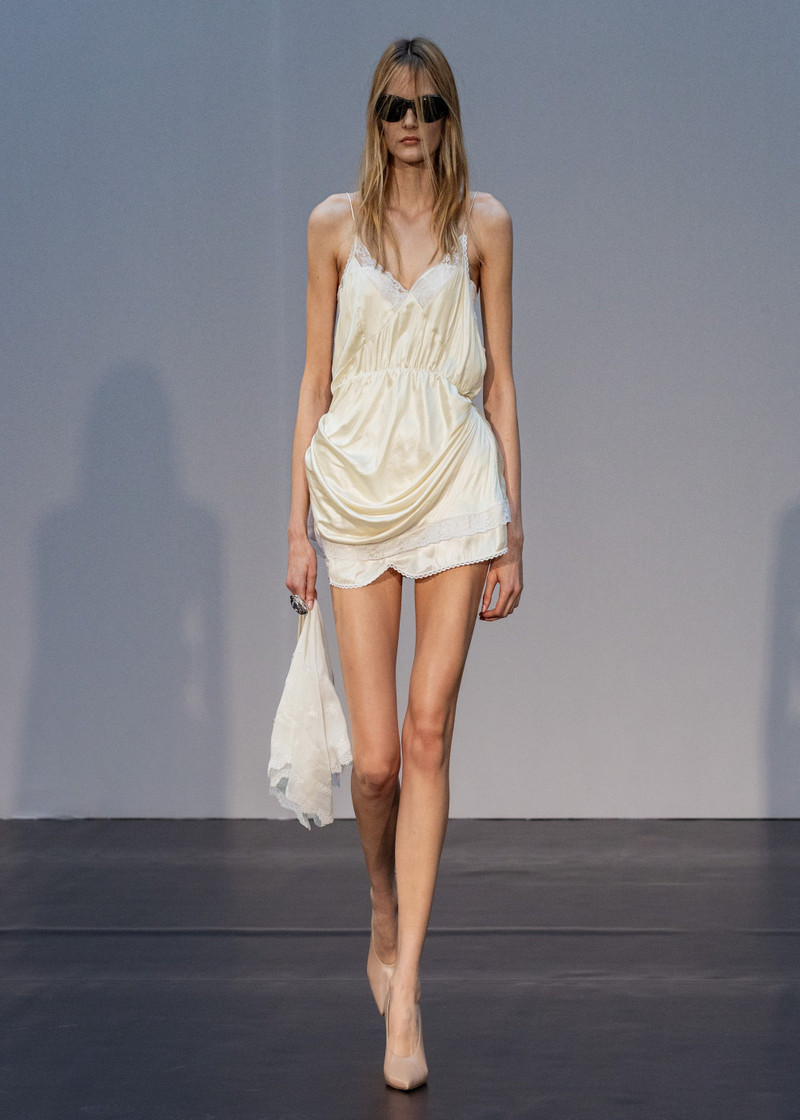 Draped lace-trim slip mini dress in cream 5