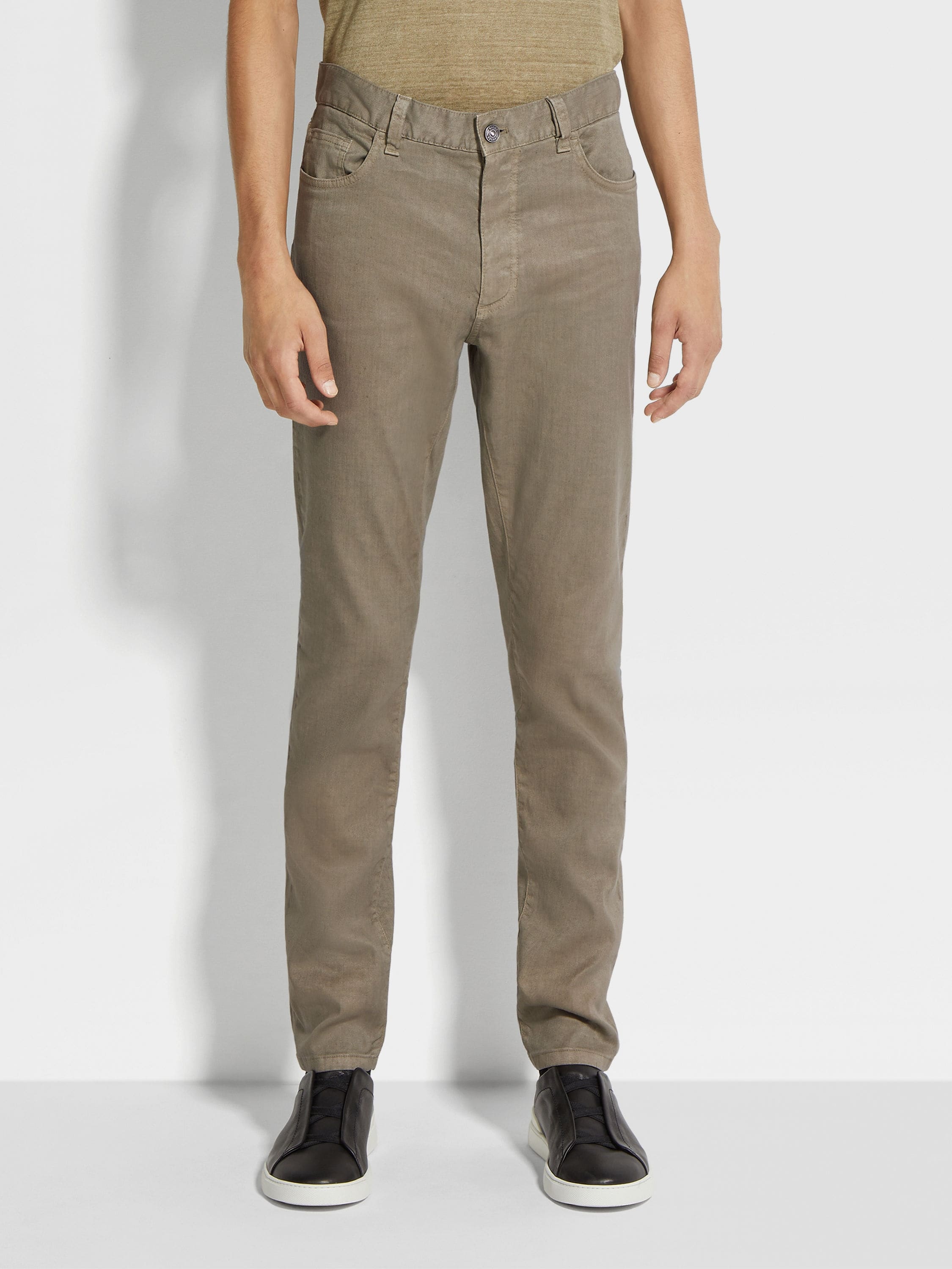DARK TAUPE STRETCH LINEN AND COTTON ROCCIA JEANS - 4