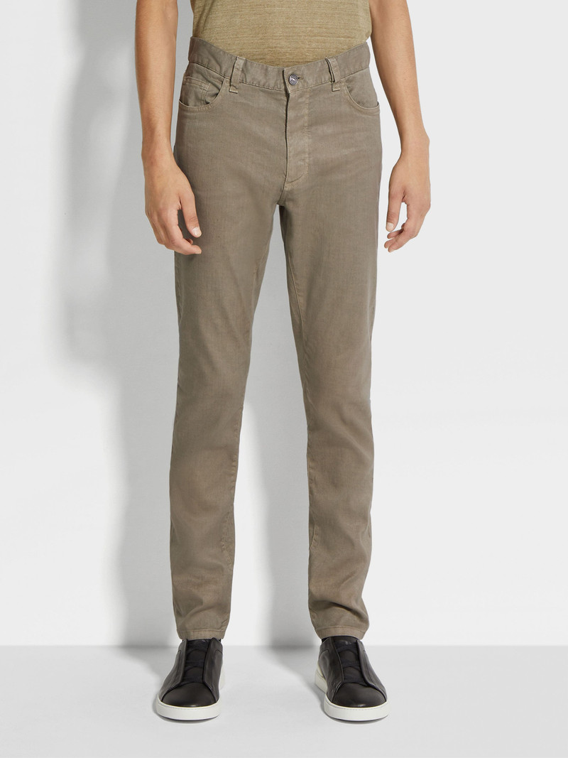 DARK TAUPE STRETCH LINEN AND COTTON ROCCIA JEANS 4