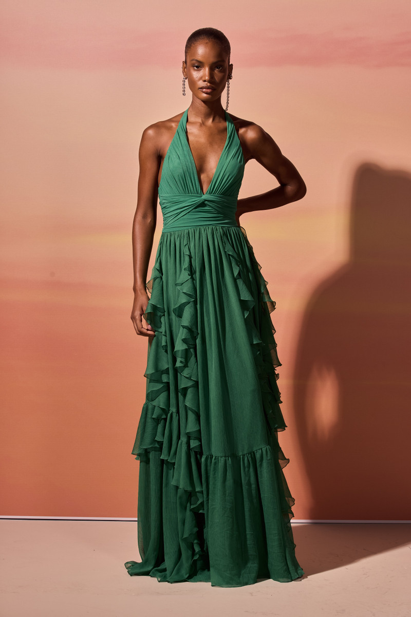 SILK PLISSE ESSENCE PLUNGE HALTERNECK GOWN 1