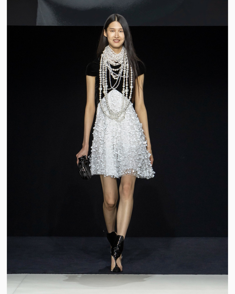 EMPORIO ARMANI Dress with velvet top and skirt with hand-embroidered sequin fringe outlook