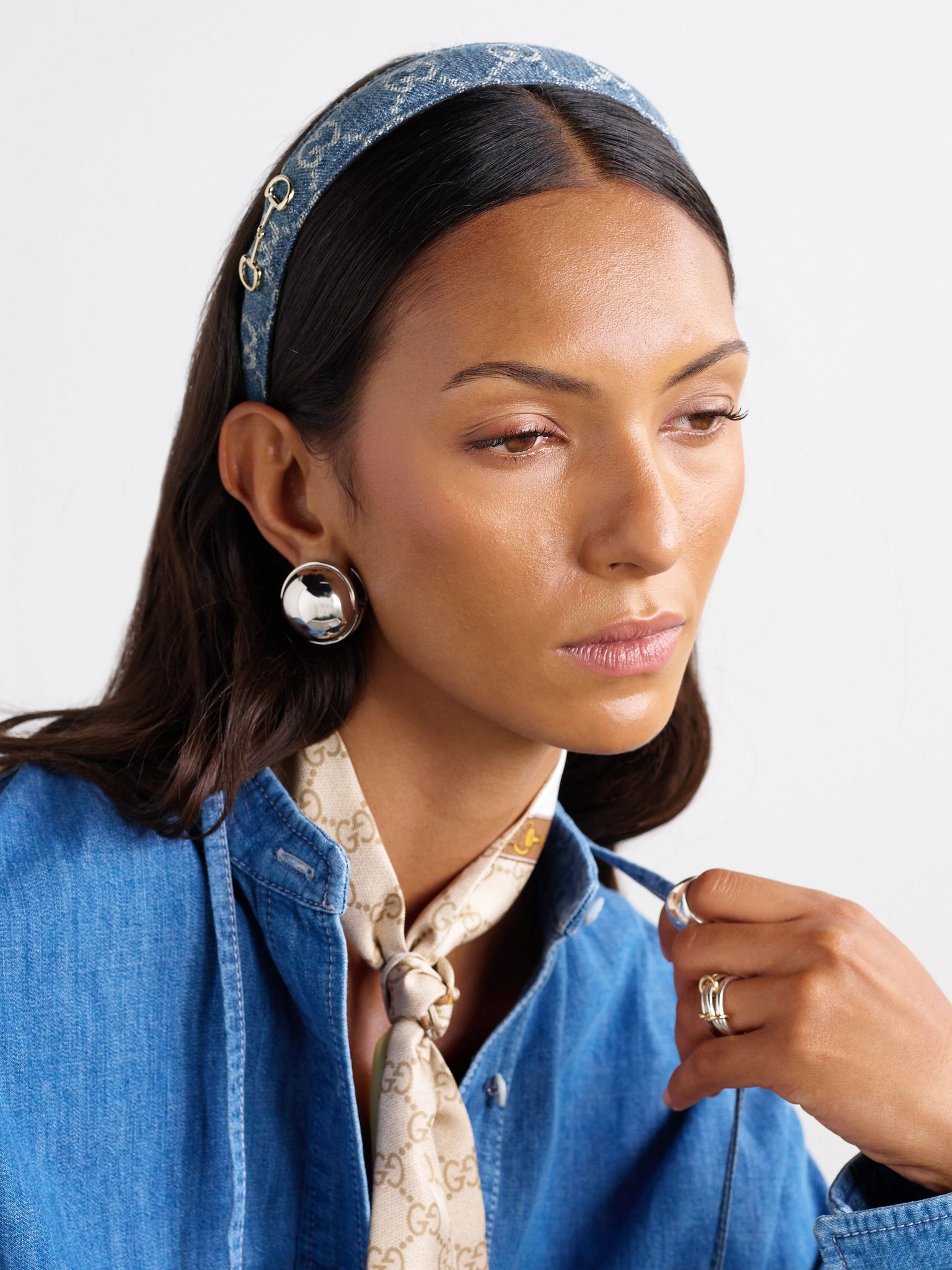 Horsebit-detailed denim-jacquard headband Blue - 2