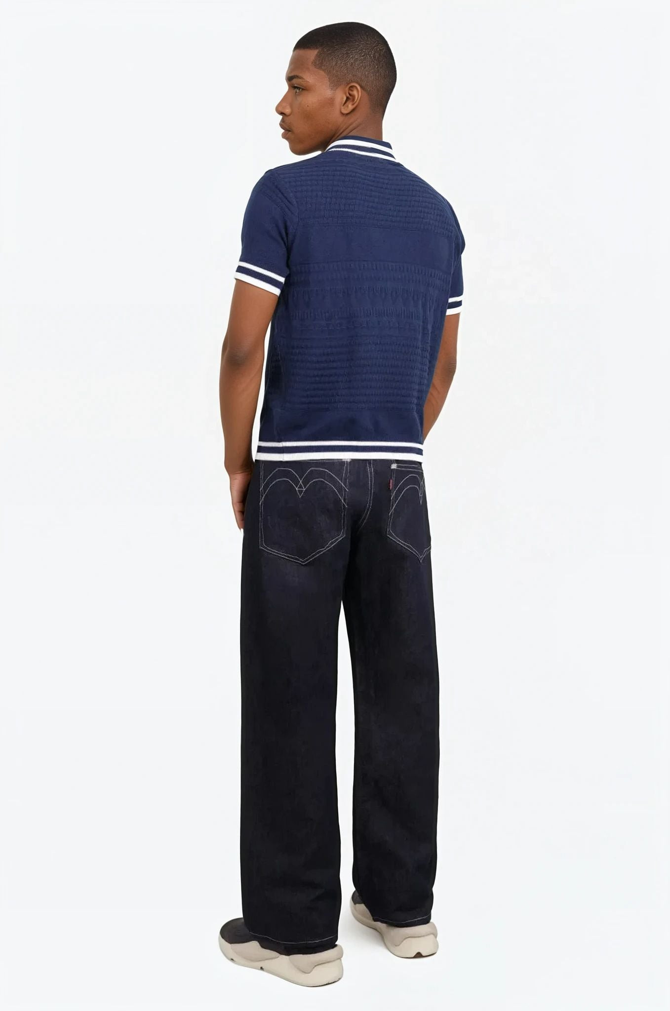 JACQUARD STRIPE RIP CREWNECK HALF KNIT | NAVY - 3
