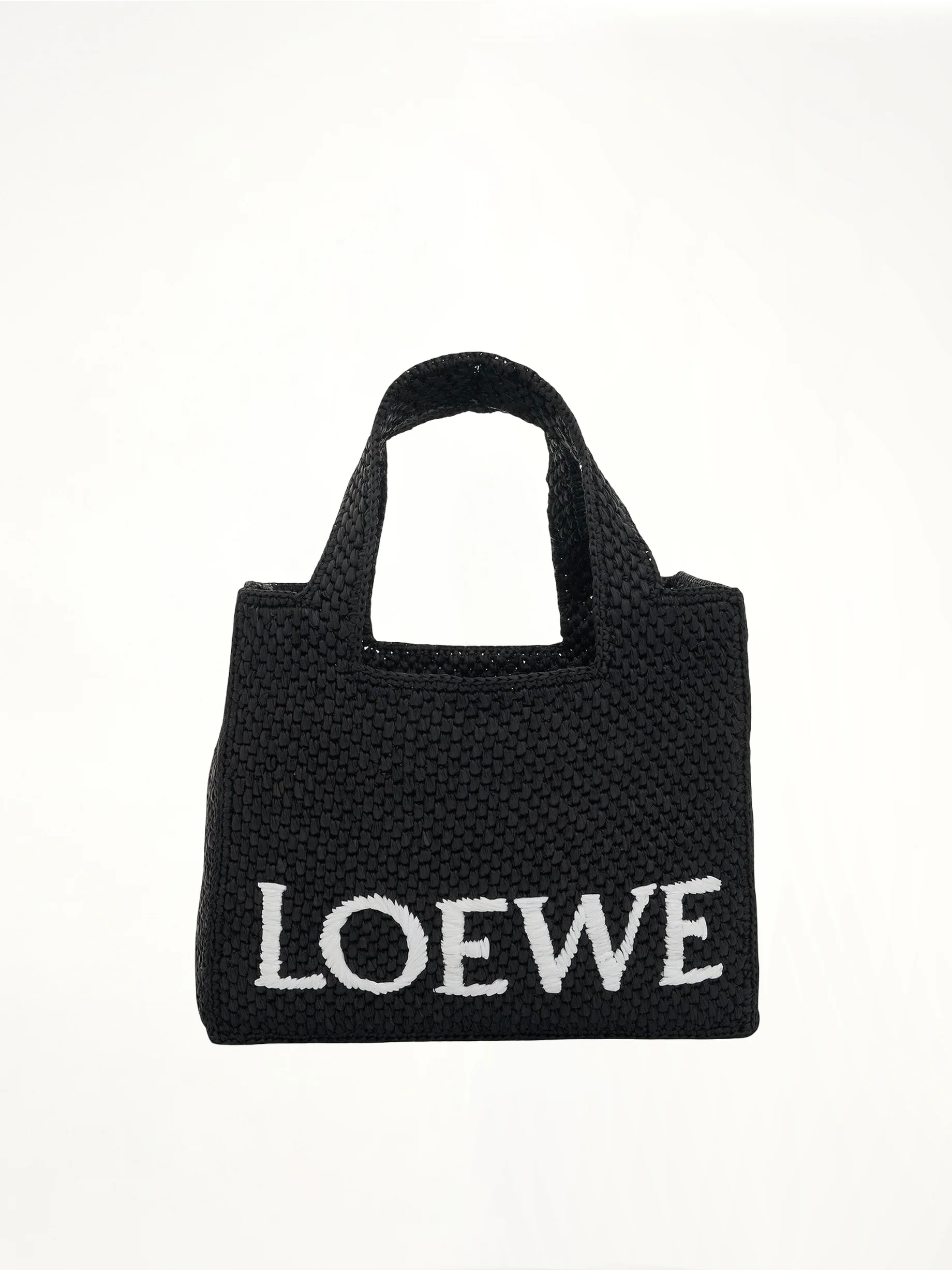 Small Logo Font Tote Bag in Raffia and Calfskin in Black - 1