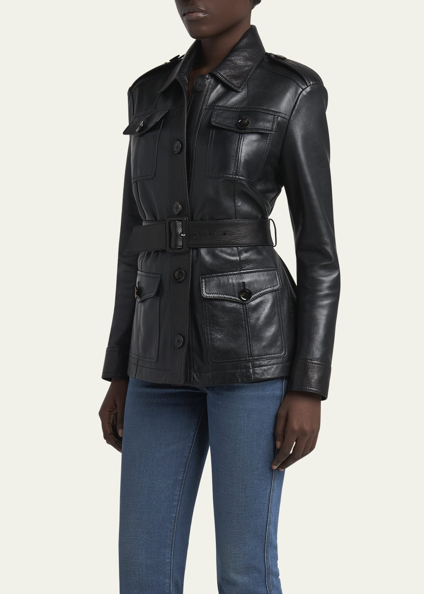 Belted Button Down Leather Jacket - 4