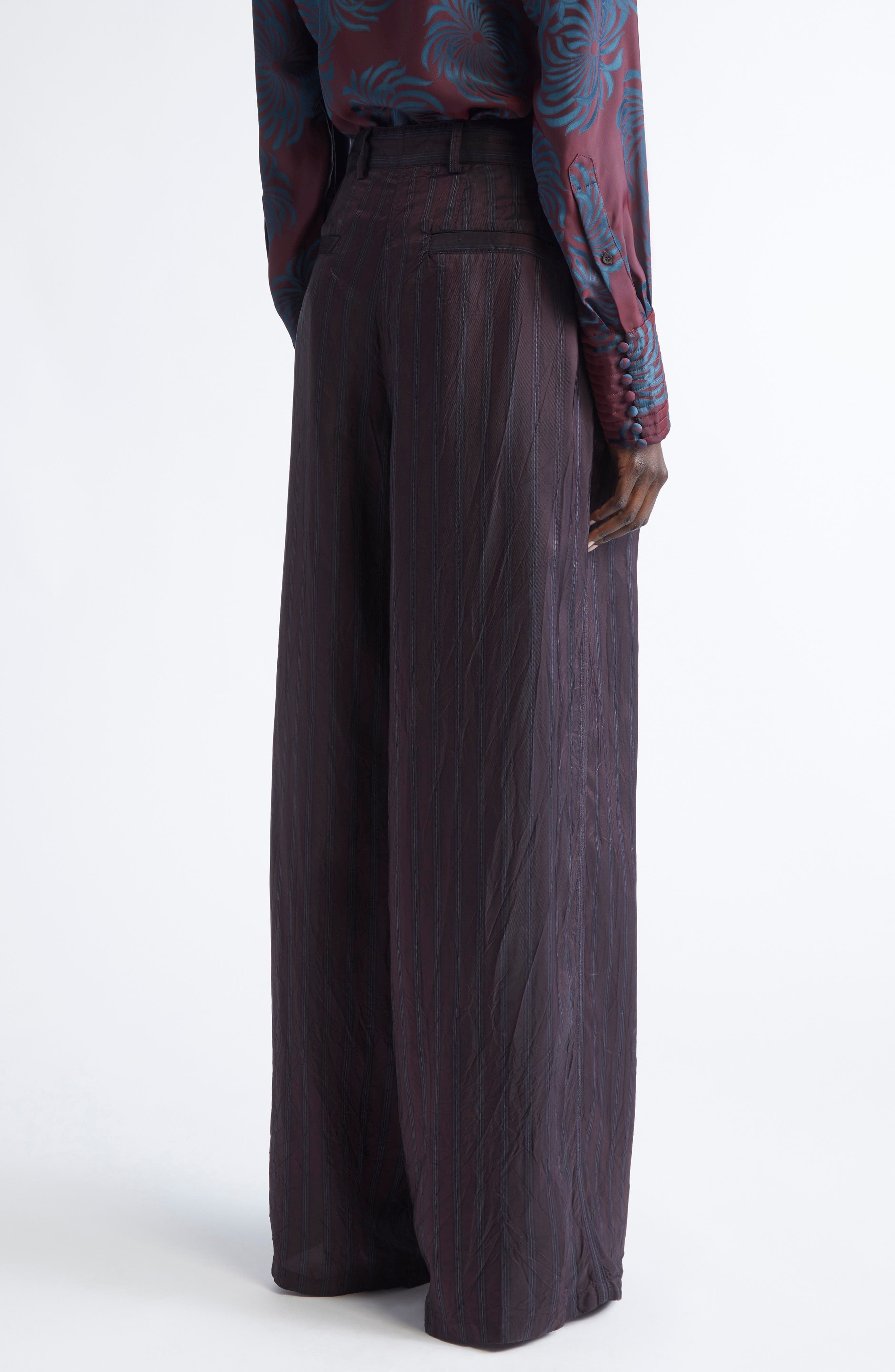 Dries Van Noten Peen Crinkled Stripe Cupro Wide Leg Pants in Burgundy at Nordstrom - 3