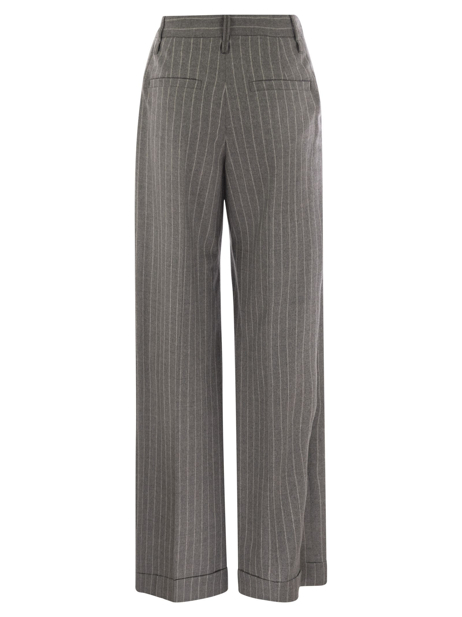 Brunello Cucinelli Women Loose Flared Trousers In Virgin Wool Mouliné Pinstripe With Beadwork - 2