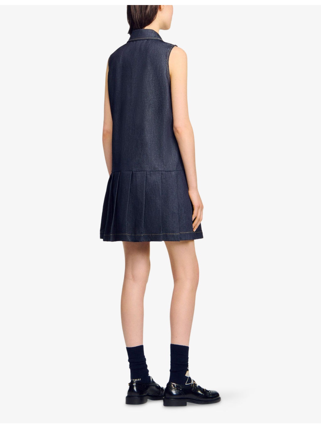 Sleeveless Pleated-Skirt Denim Mini Dress - 4