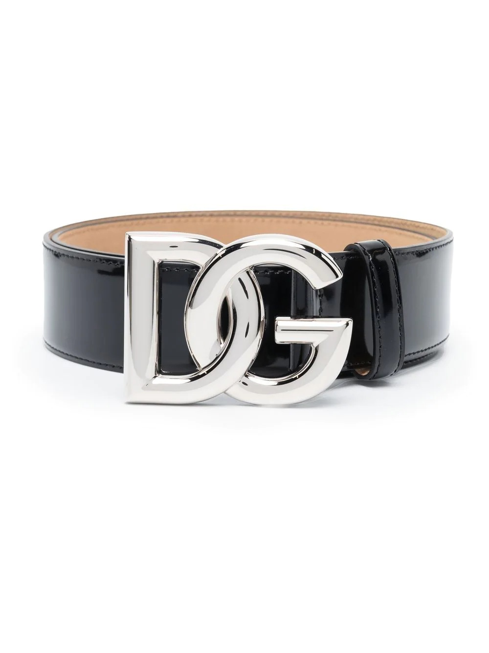 logo-plaque buckled patent belt - 1