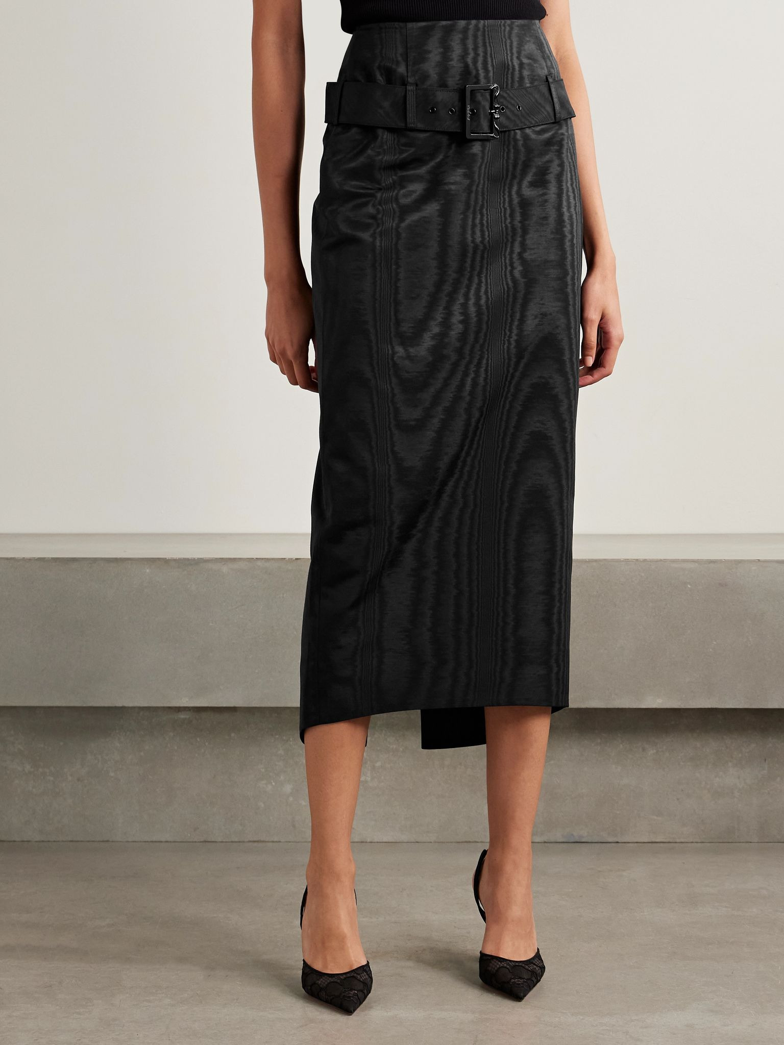 Salon belted recycled-moire midi skirt Black - 3