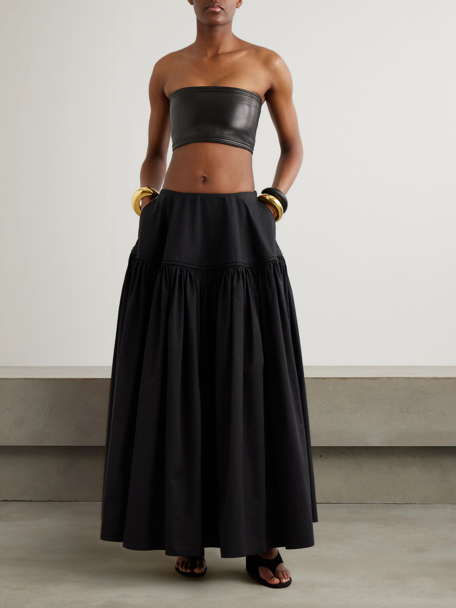 Gathered cotton-poplin maxi skirt Black - 2