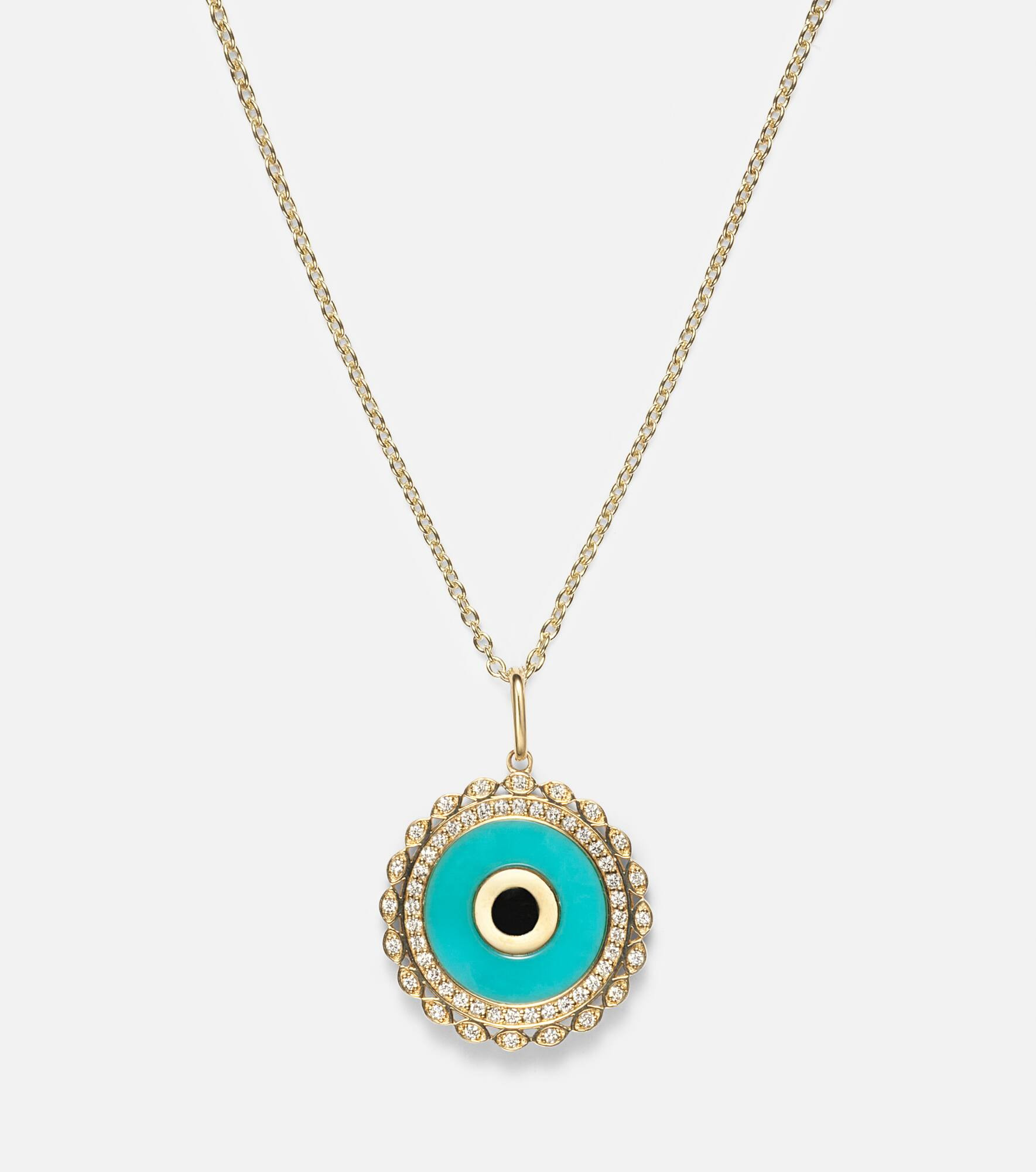 Large Evil Eye 14kt gold chain necklace with diamonds and turquoise - 4
