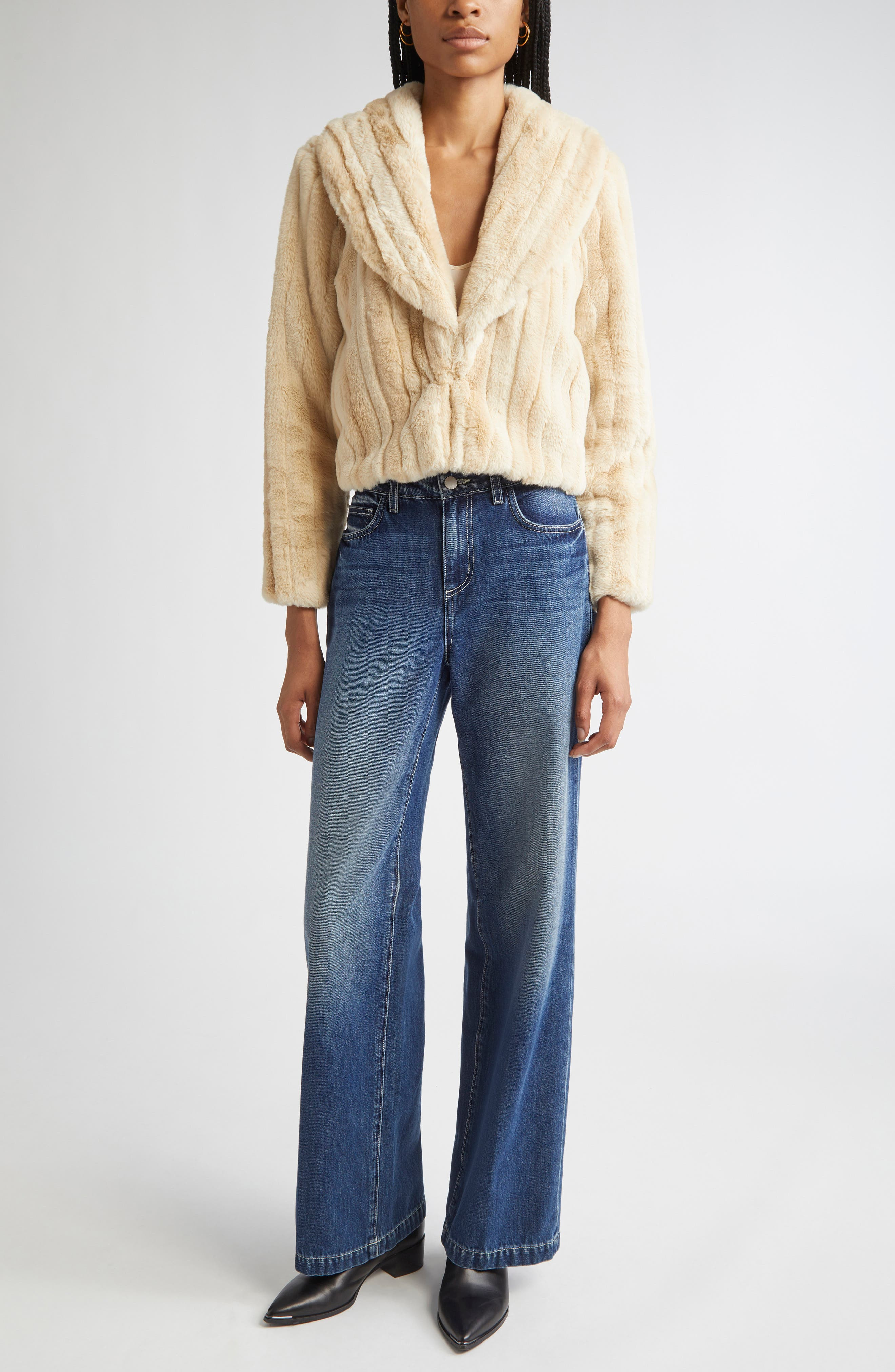 L'AGENCE Davy Crop Faux Fur Jacket in Latte Striped Fur at Nordstrom - 2