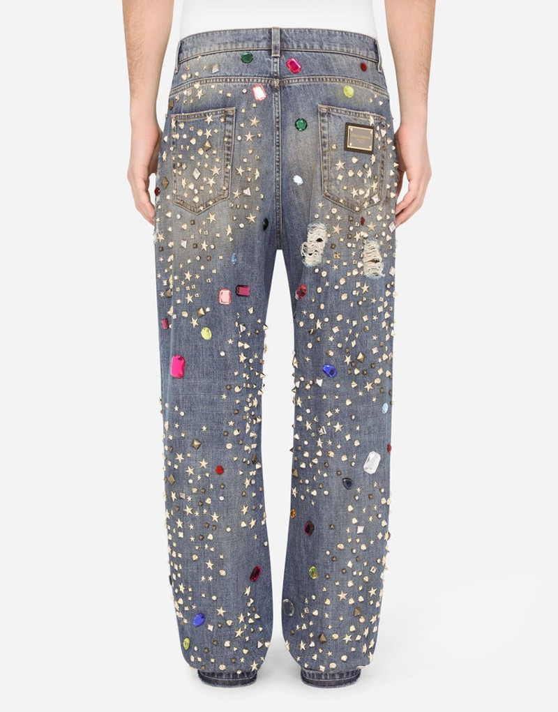 Oversize blue wash jeans with crystal and stud embellishment 3