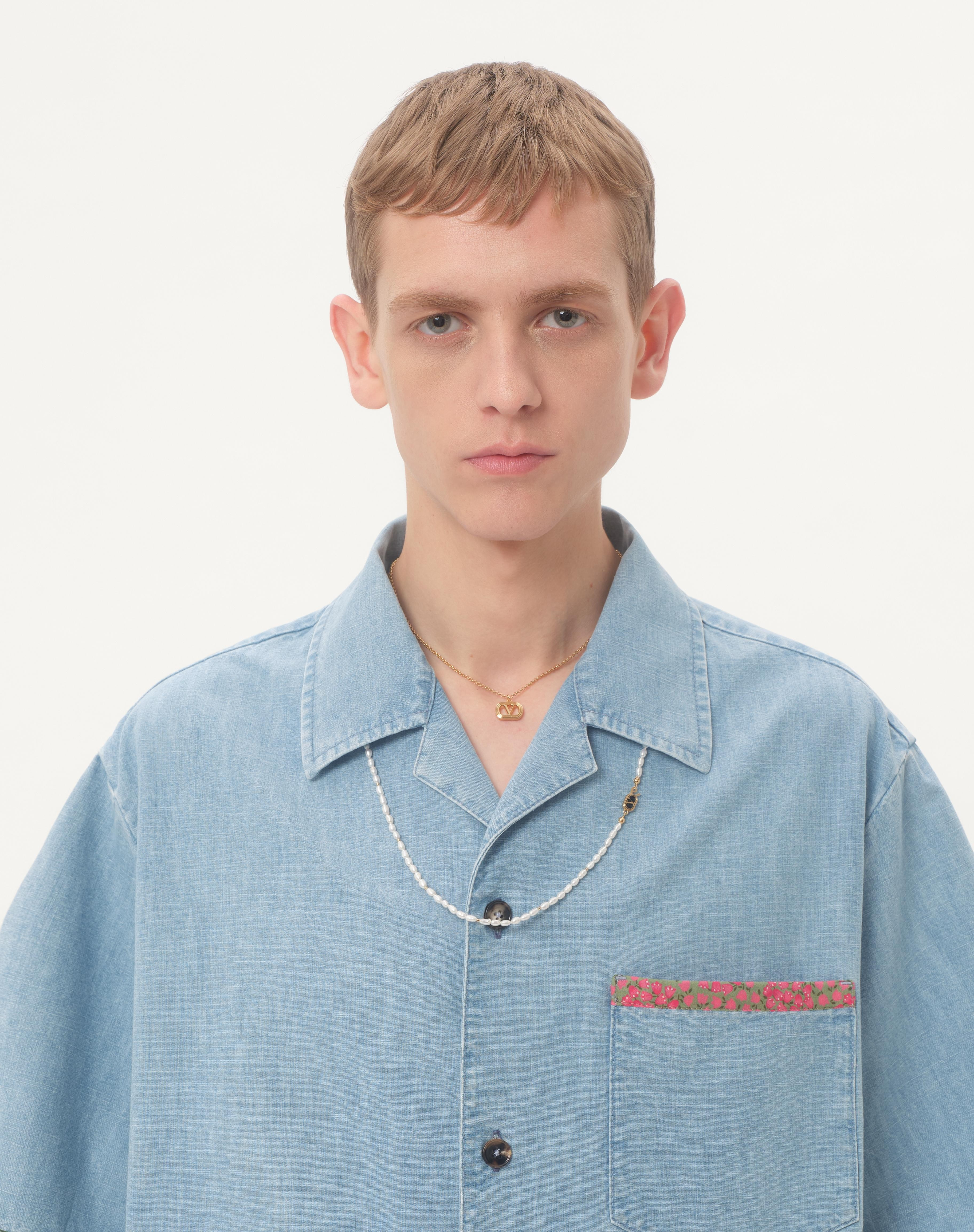 DENIM BOWLING SHIRT WITH FLORAL PRINT TRIM - 4