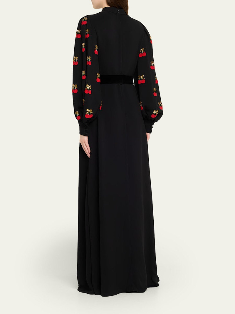 Cherry Embroidered Belted Puff-Sleeve Gown 3