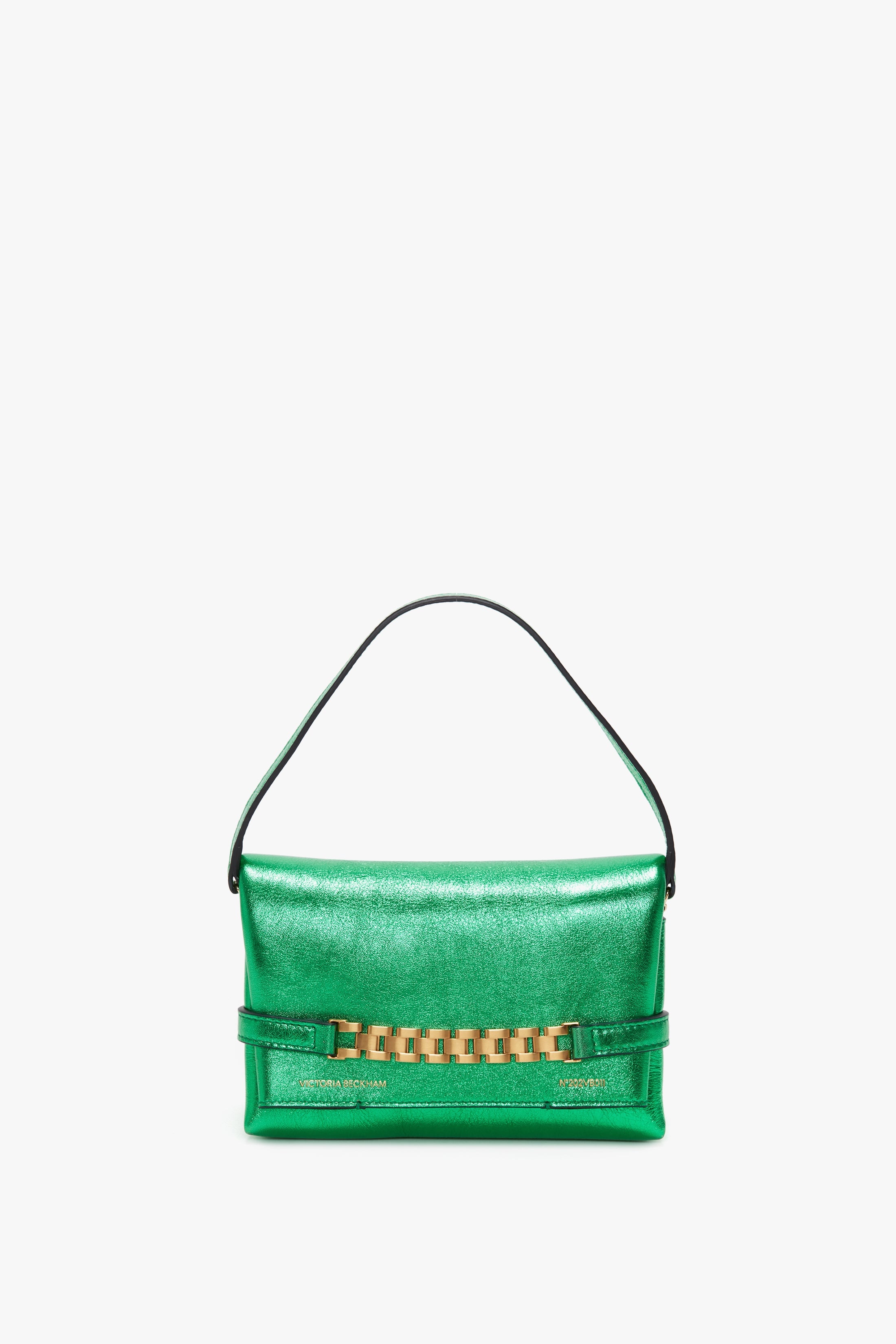 Mini Chain Pouch In Metallic Green Leather - 1