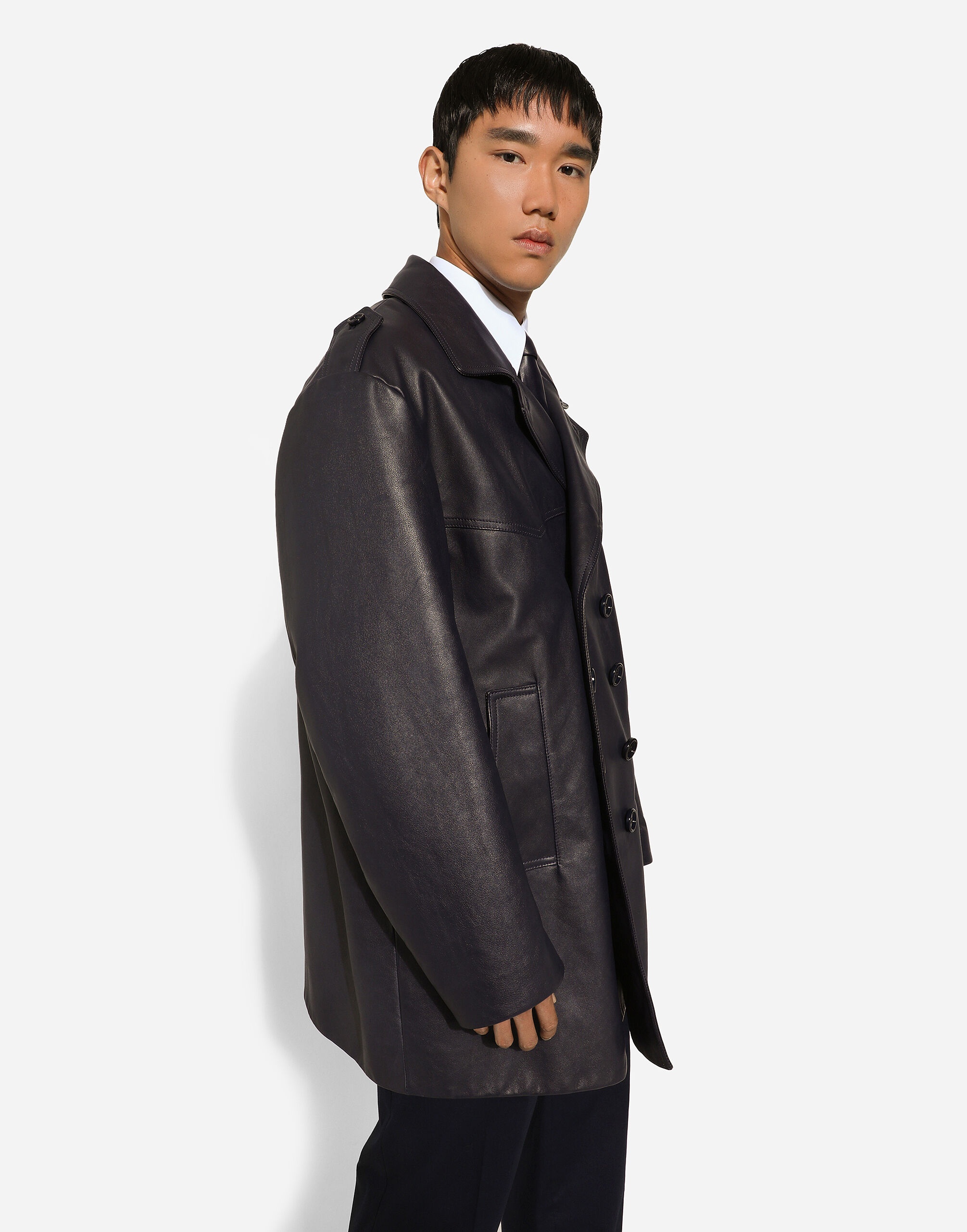 Double-breasted leather pea coat - 4
