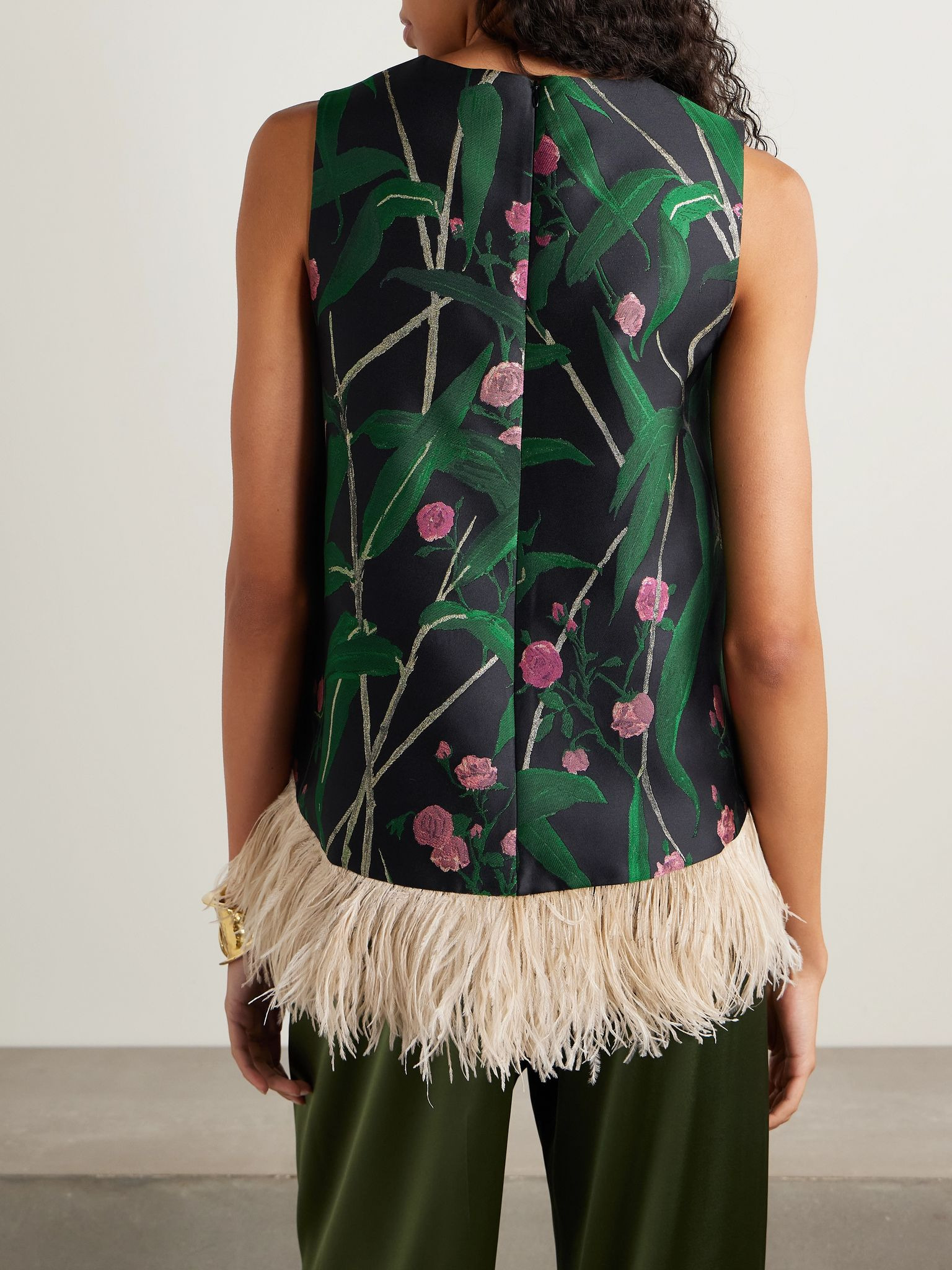 Icon La Scala feather-trimmed floral-jacquard top Green - 3