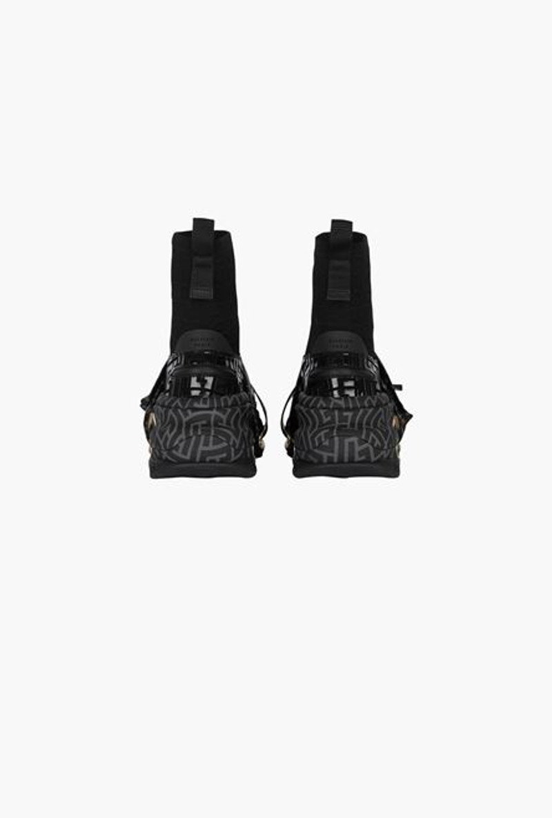 Black suede and knit B-Bold high-top sneakers with straps and monogram 2