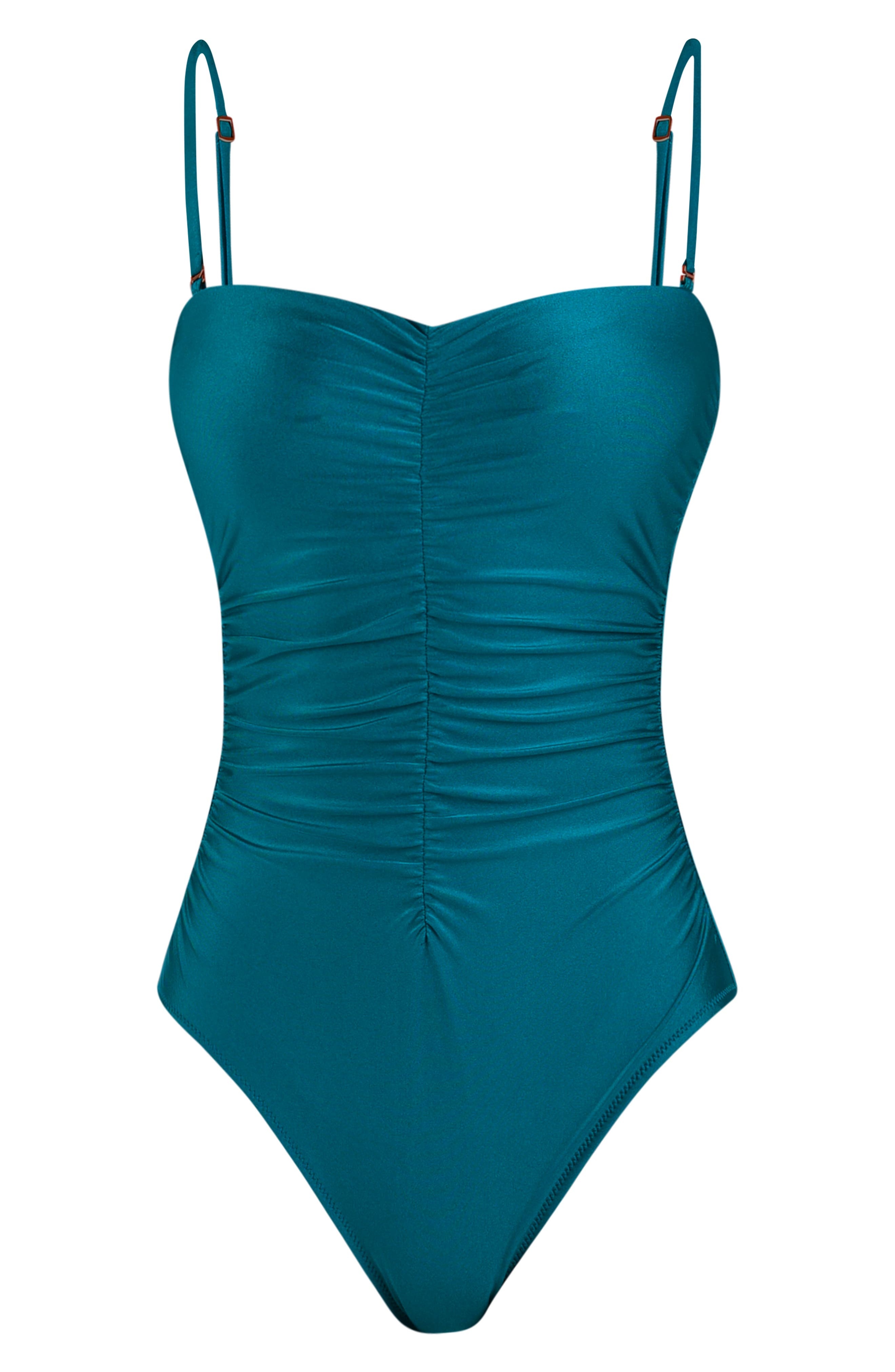 L'AGENCE Aubrey Ruched Shimmer One-Piece Swimsuit in Viridian at Nordstrom - 4