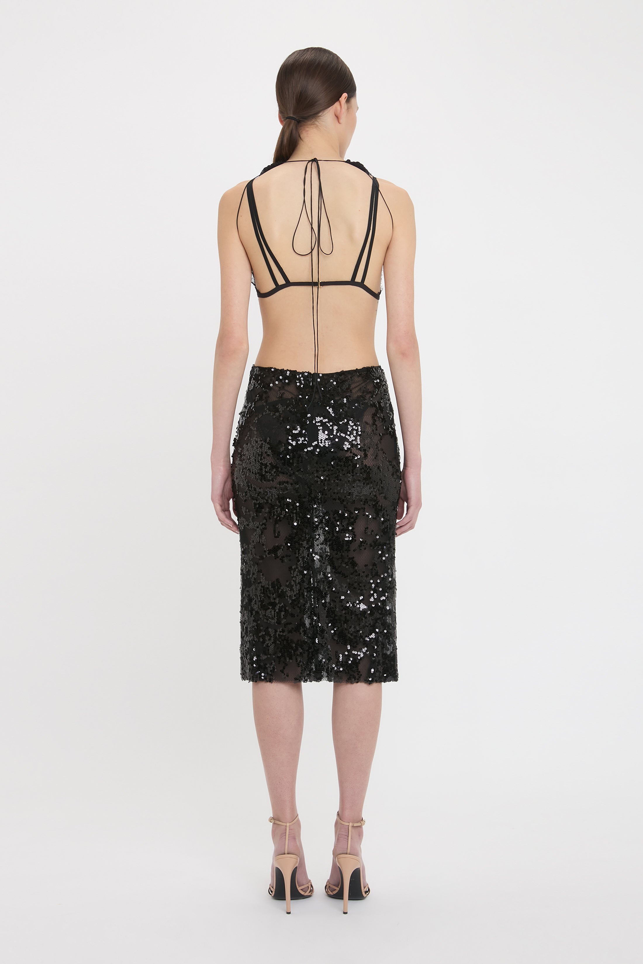 Sheer Sequin Pencil Skirt In Black - 4