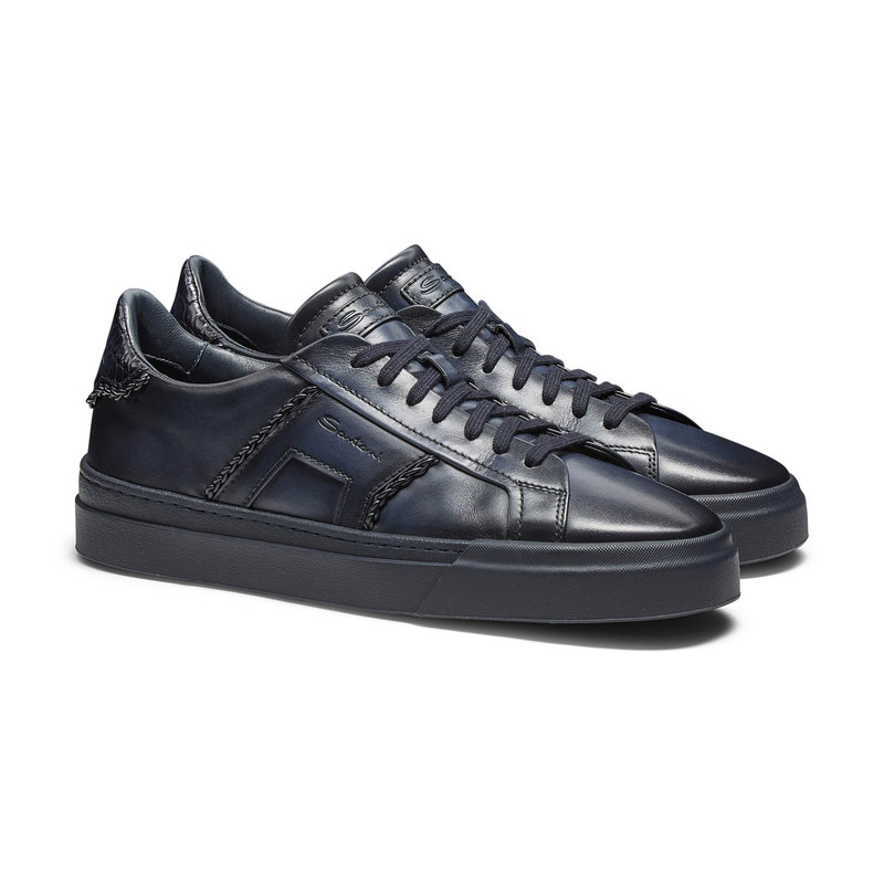 Santoni Men's blue alligator leather Double Buckle Sneaker outlook