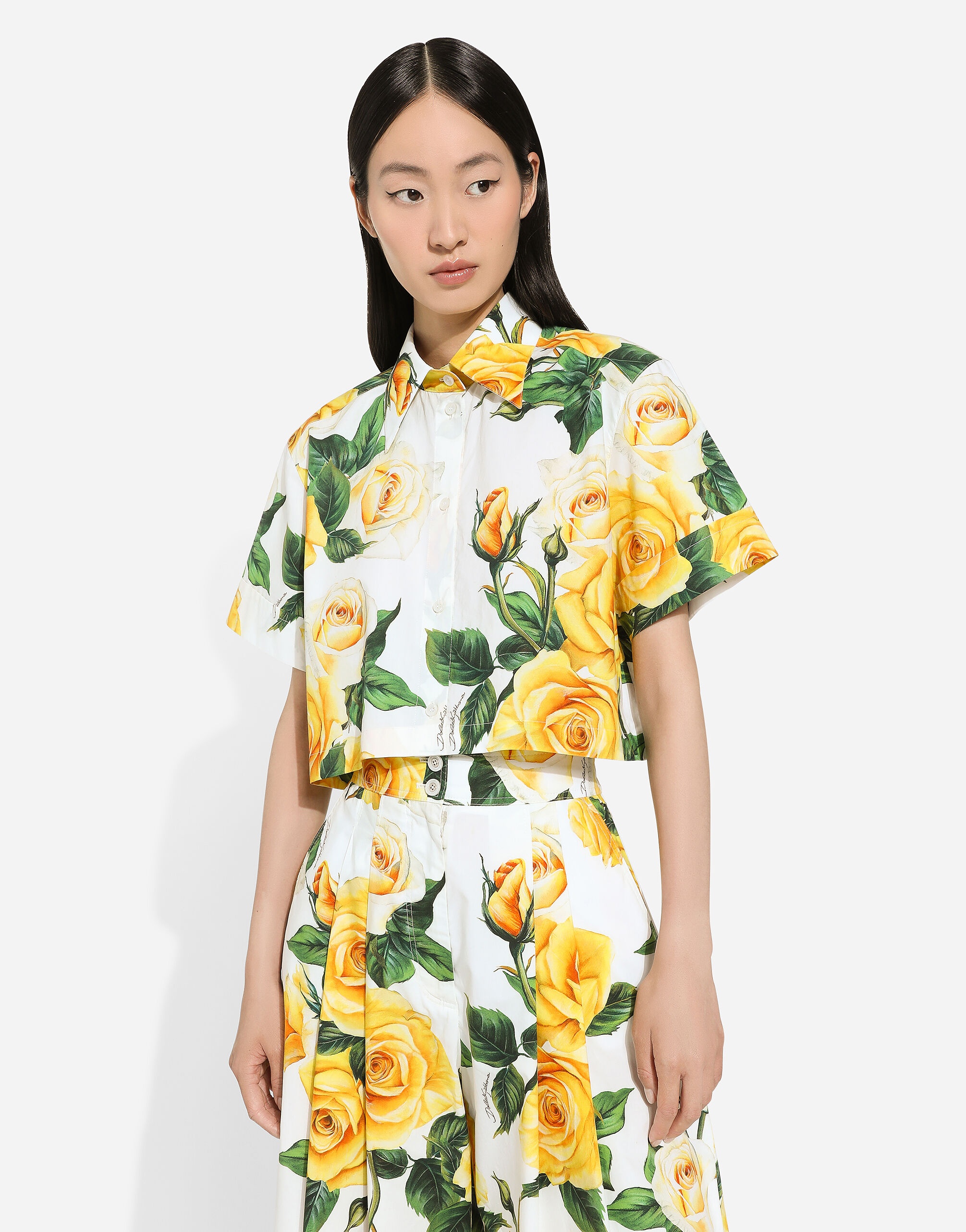 Short cotton shirt with yellow rose print - 4